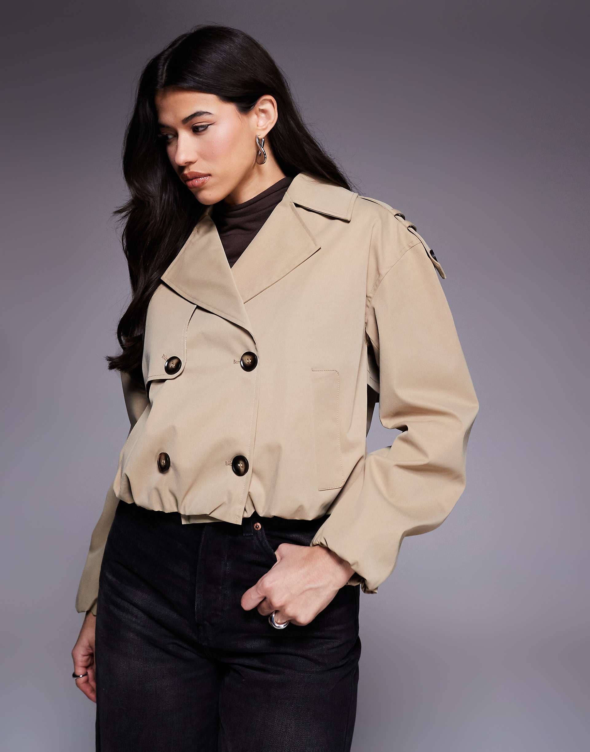 River Island cropped bubble hem trench coat in beige