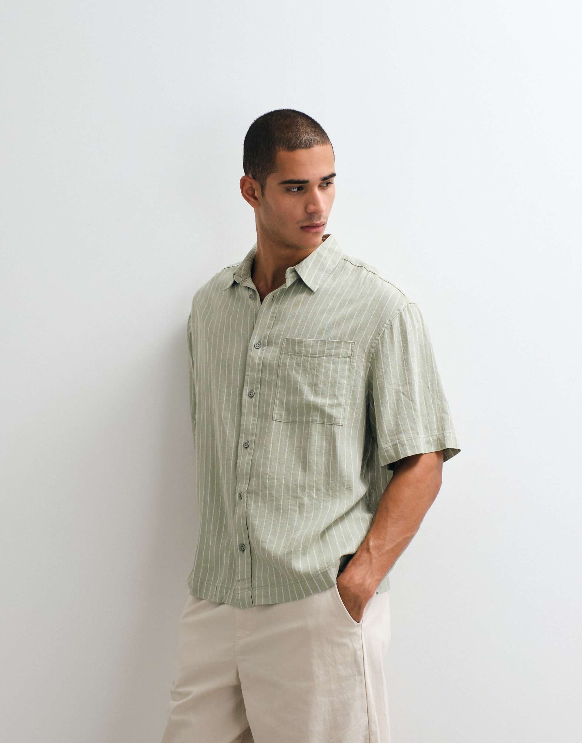 ASOS DESIGN oversized linen blend striped shirt in sage green
