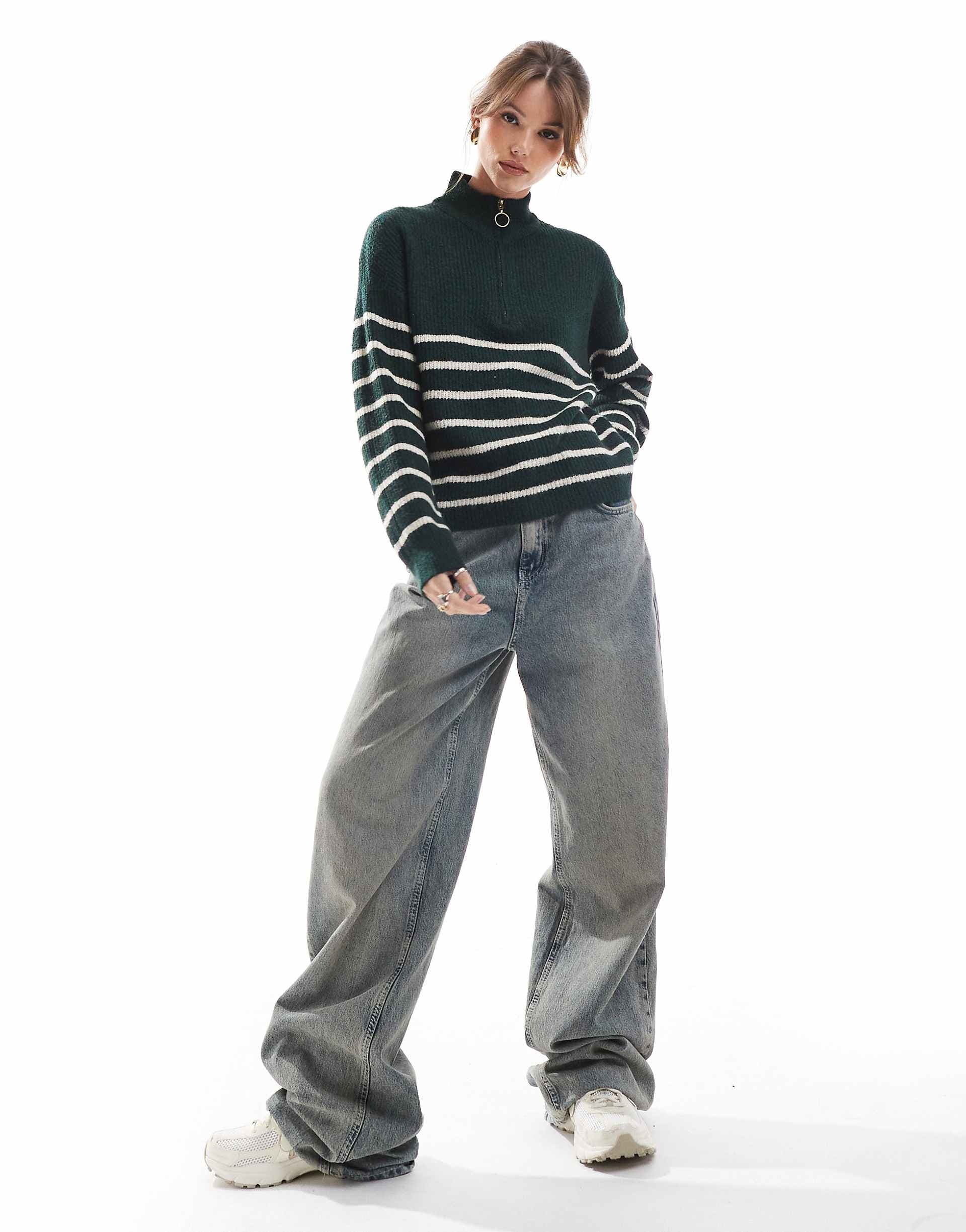ONLY 1/4 zip sweater in dark green stripe