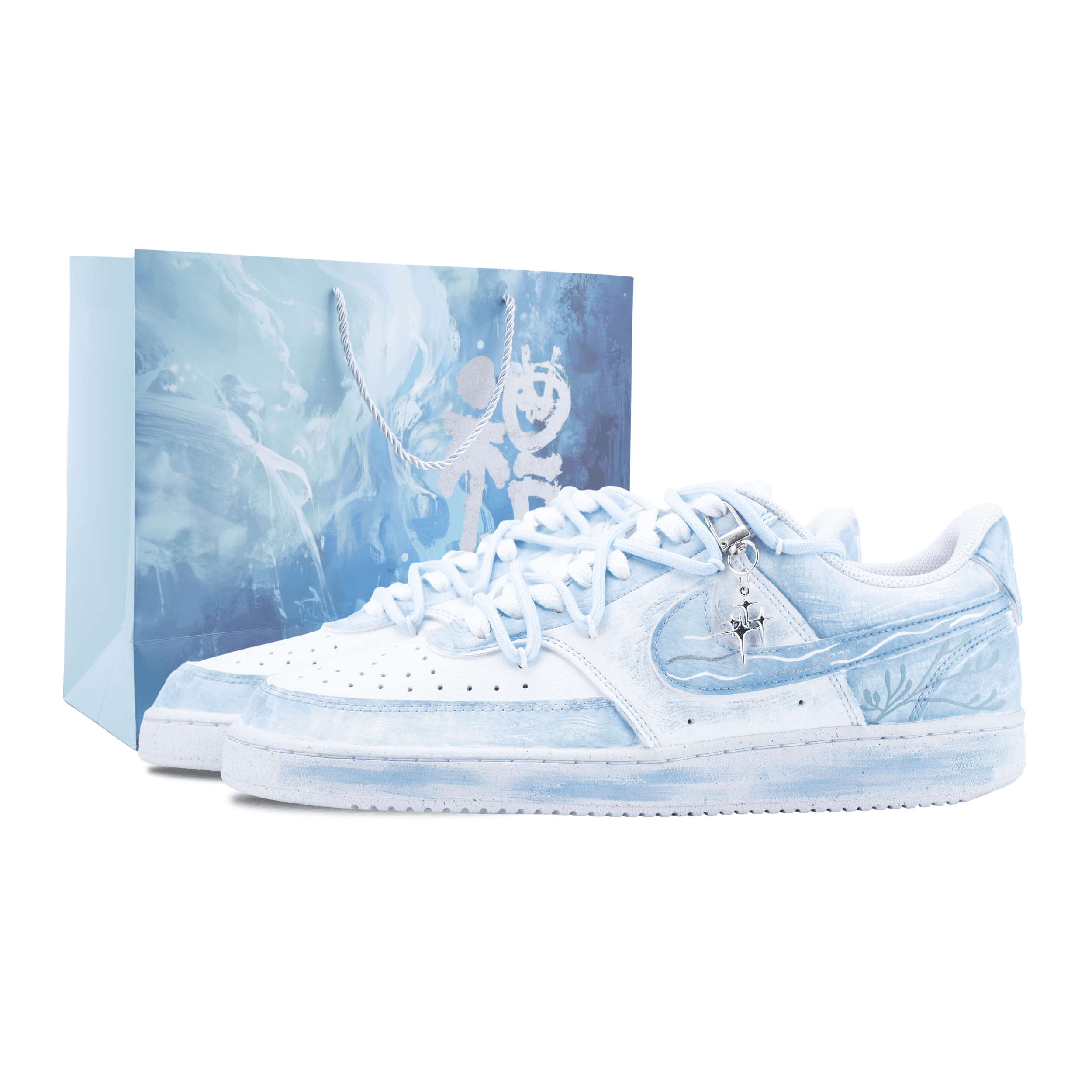Custom Sneakers Nike Court Vision 1 Misty Island Branch Special Gift Bag Mist Blue Gradient Fairy Atmosphere Fashion Dreamy Star Pendant Daily Wear-Resistant Anti-Slip Low-Top Board Shoes Unisex Blue White