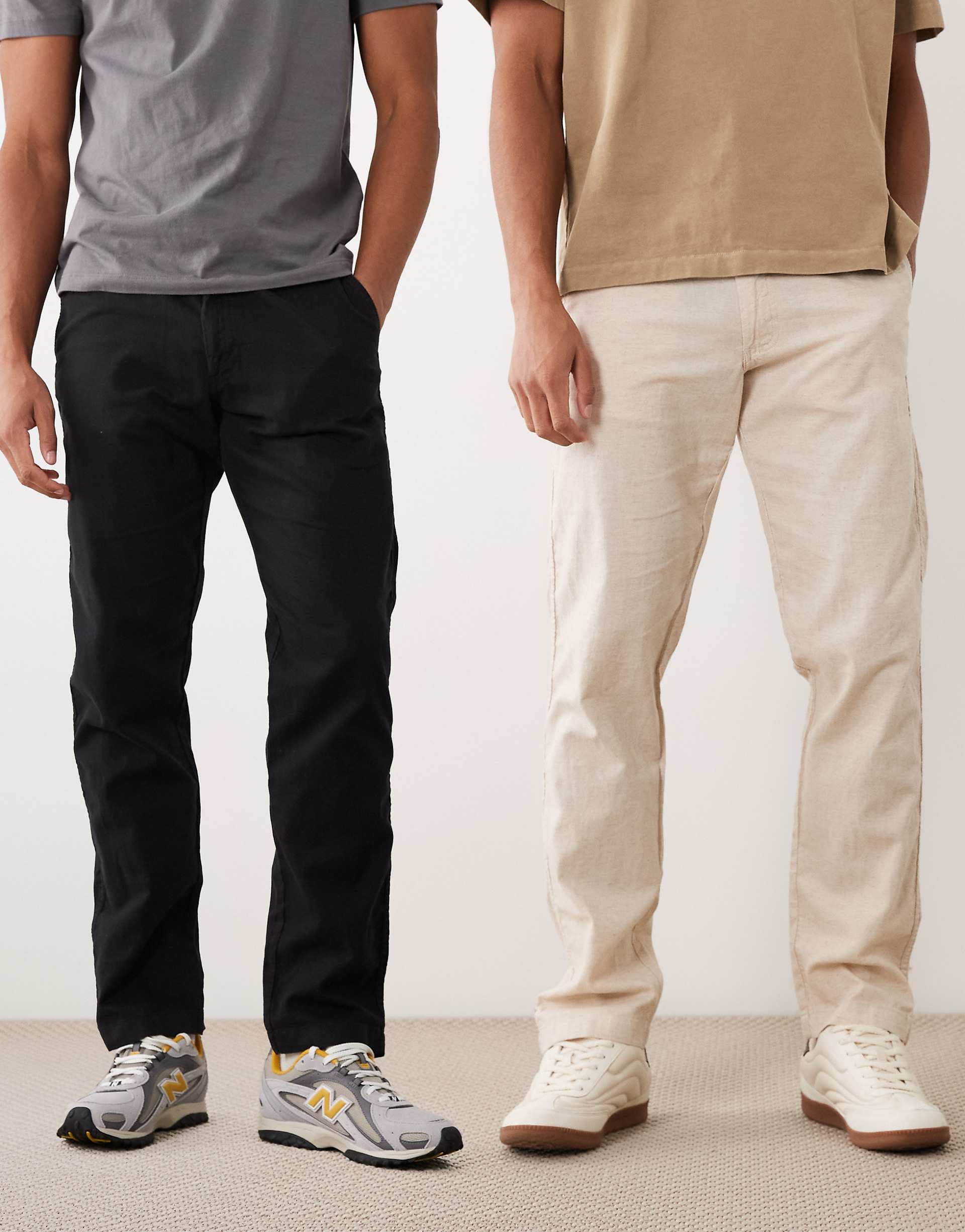 Jack & Jones 2 pack drawstring linen mix loose chinos in cream and black