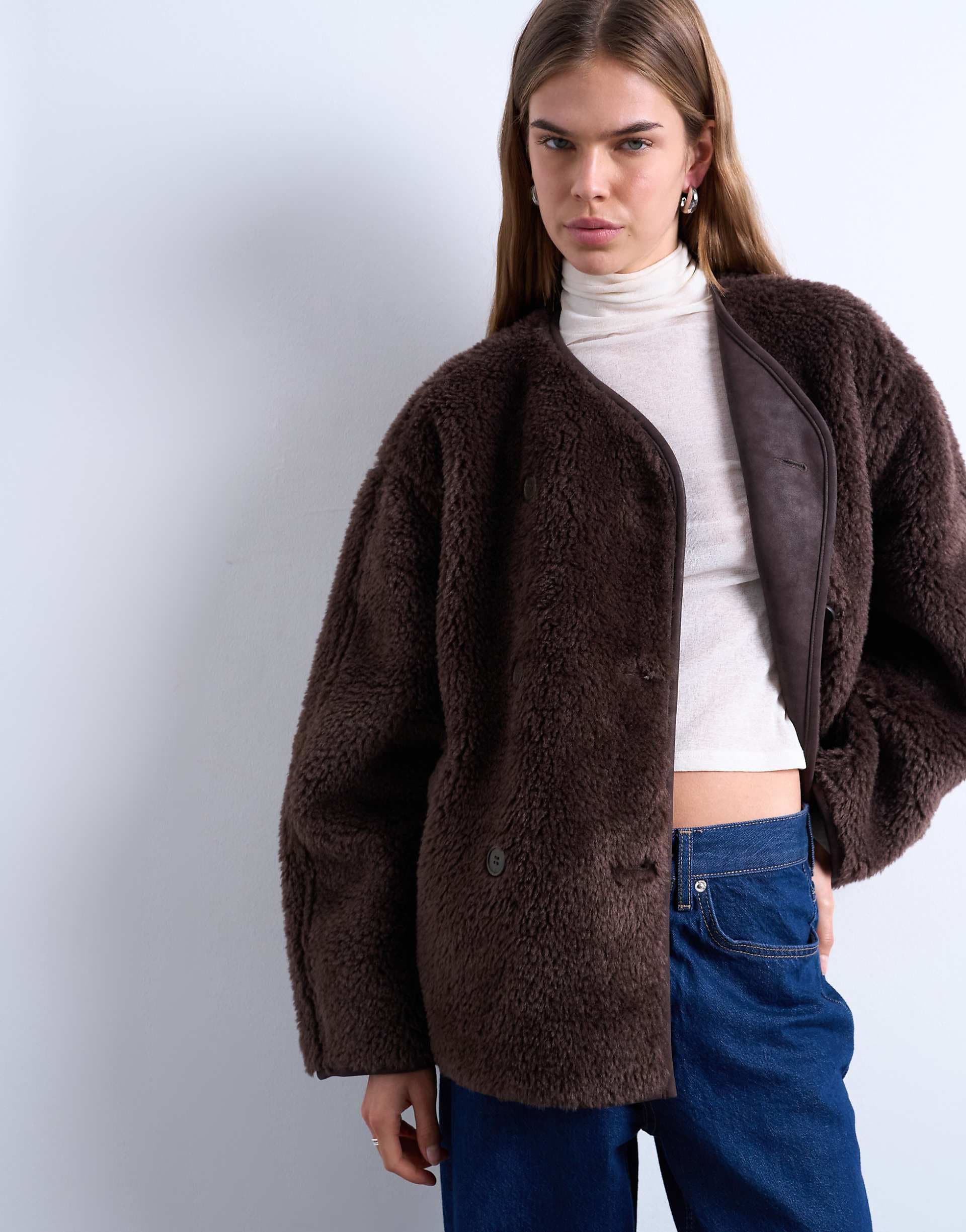 Topshop ovoid short shearling double breasted jacket in chocolate