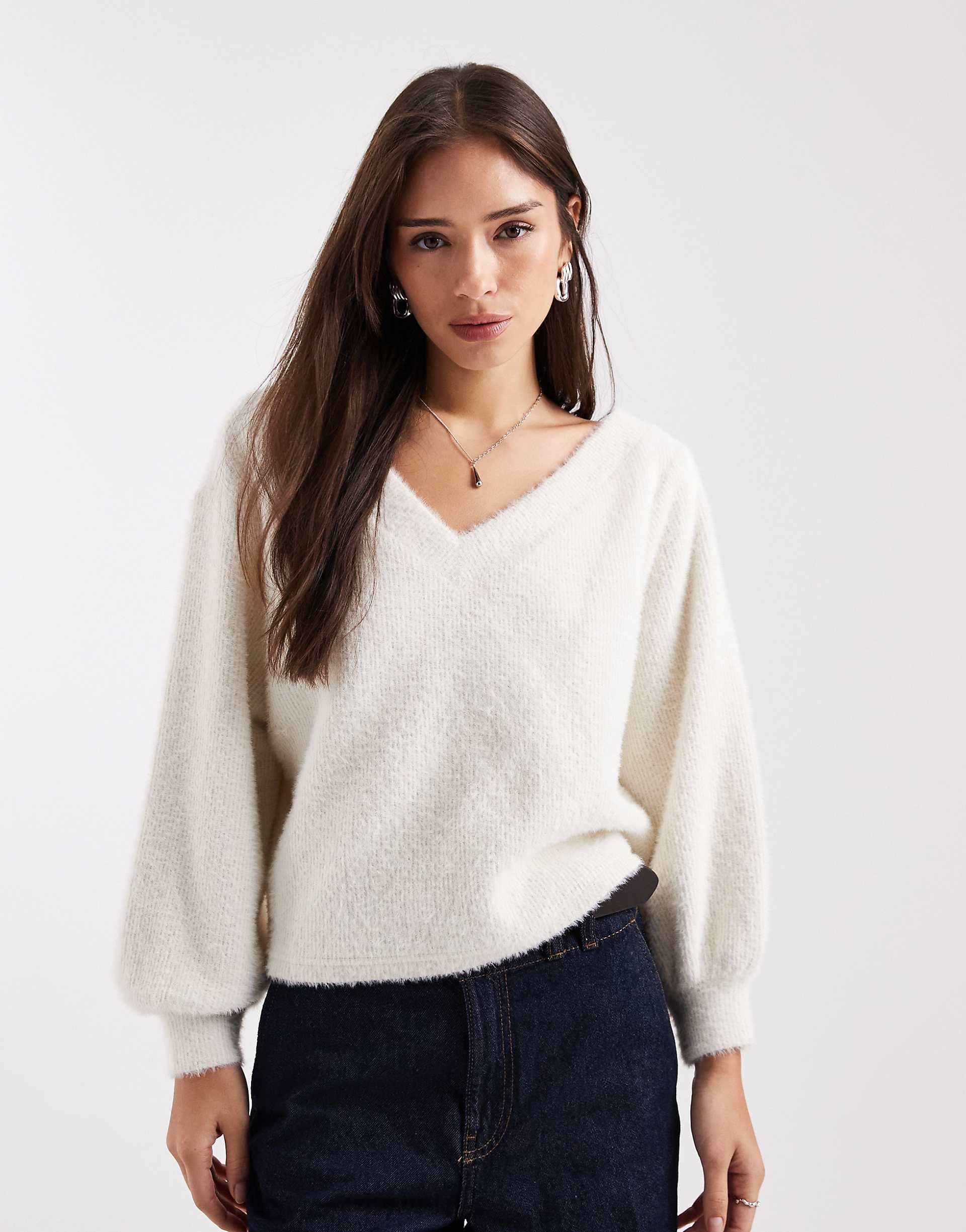 Miss Selfridge fluffy off the shoulder slouchy sweater in cream