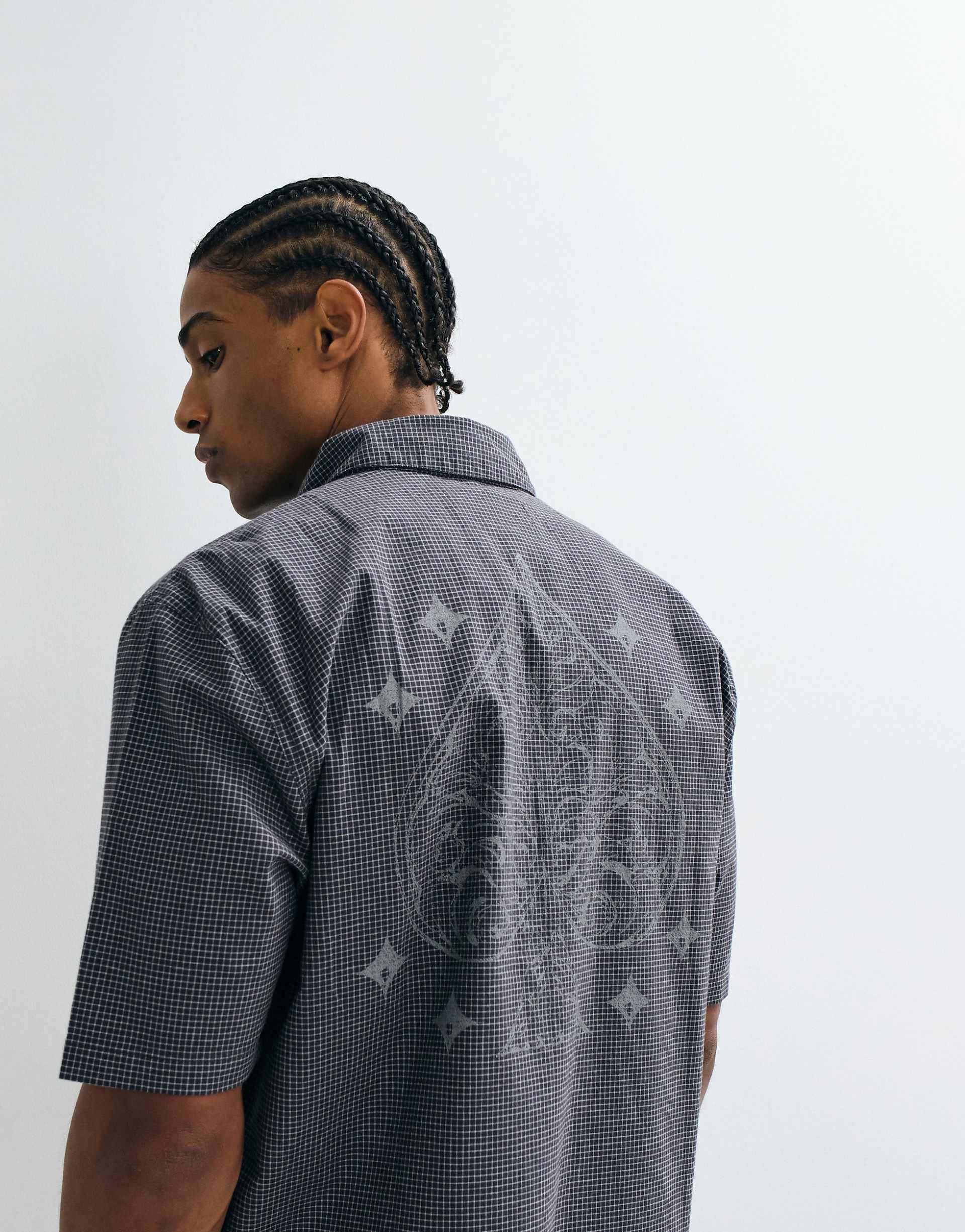 Hollister graphic short sleeve shirt in black micro plaid