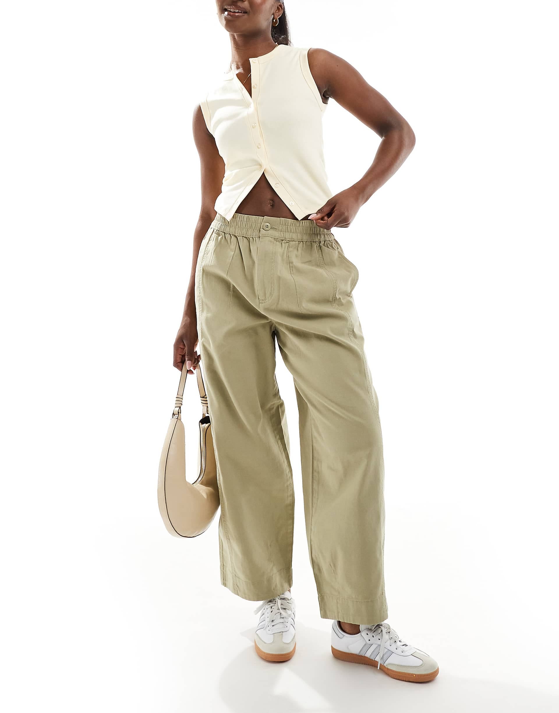 ASOS DESIGN laundered barrel leg pull on pants in khaki green