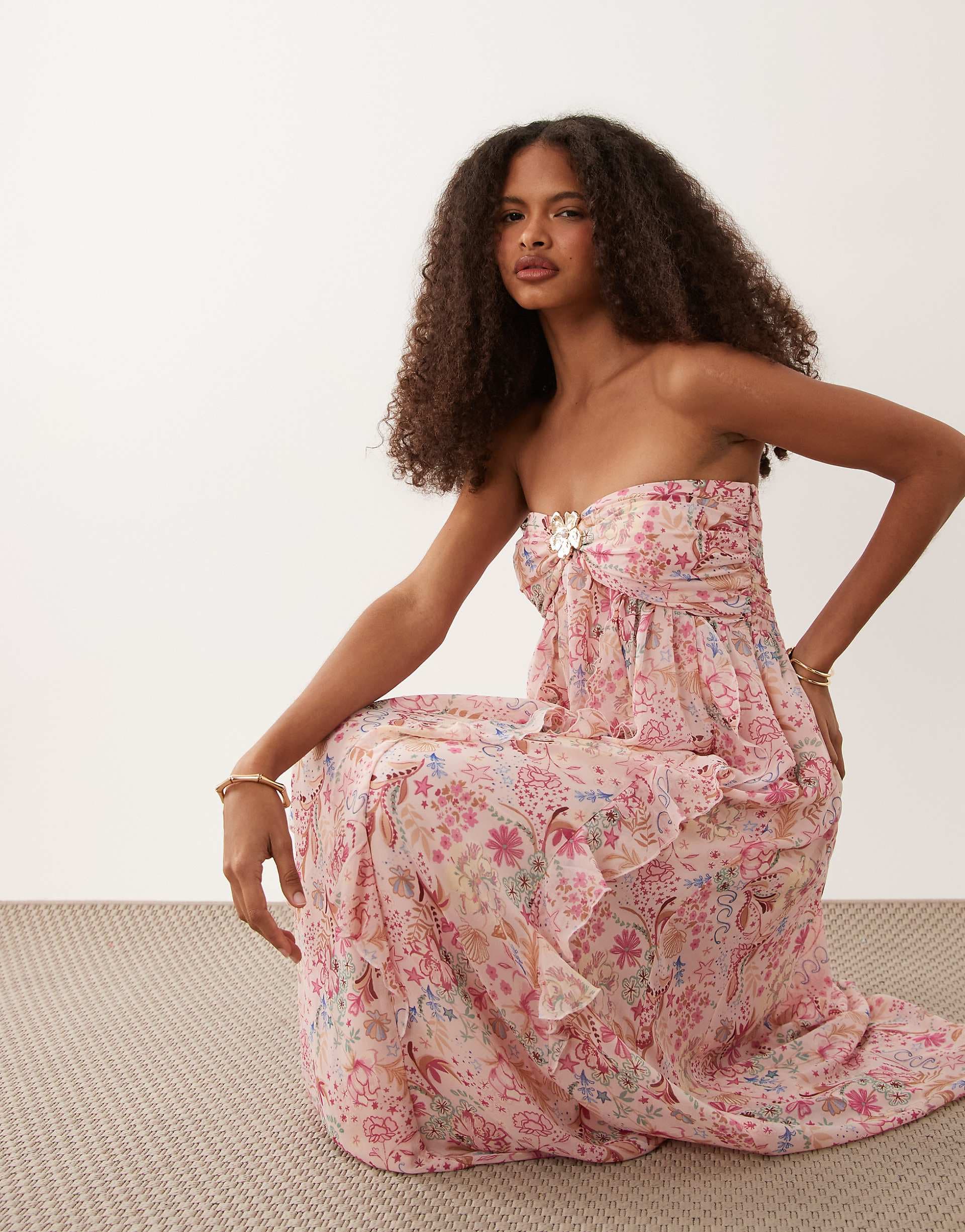 Abercrombie & Fitch strapless ruffle hardware maxi dress in pink floral