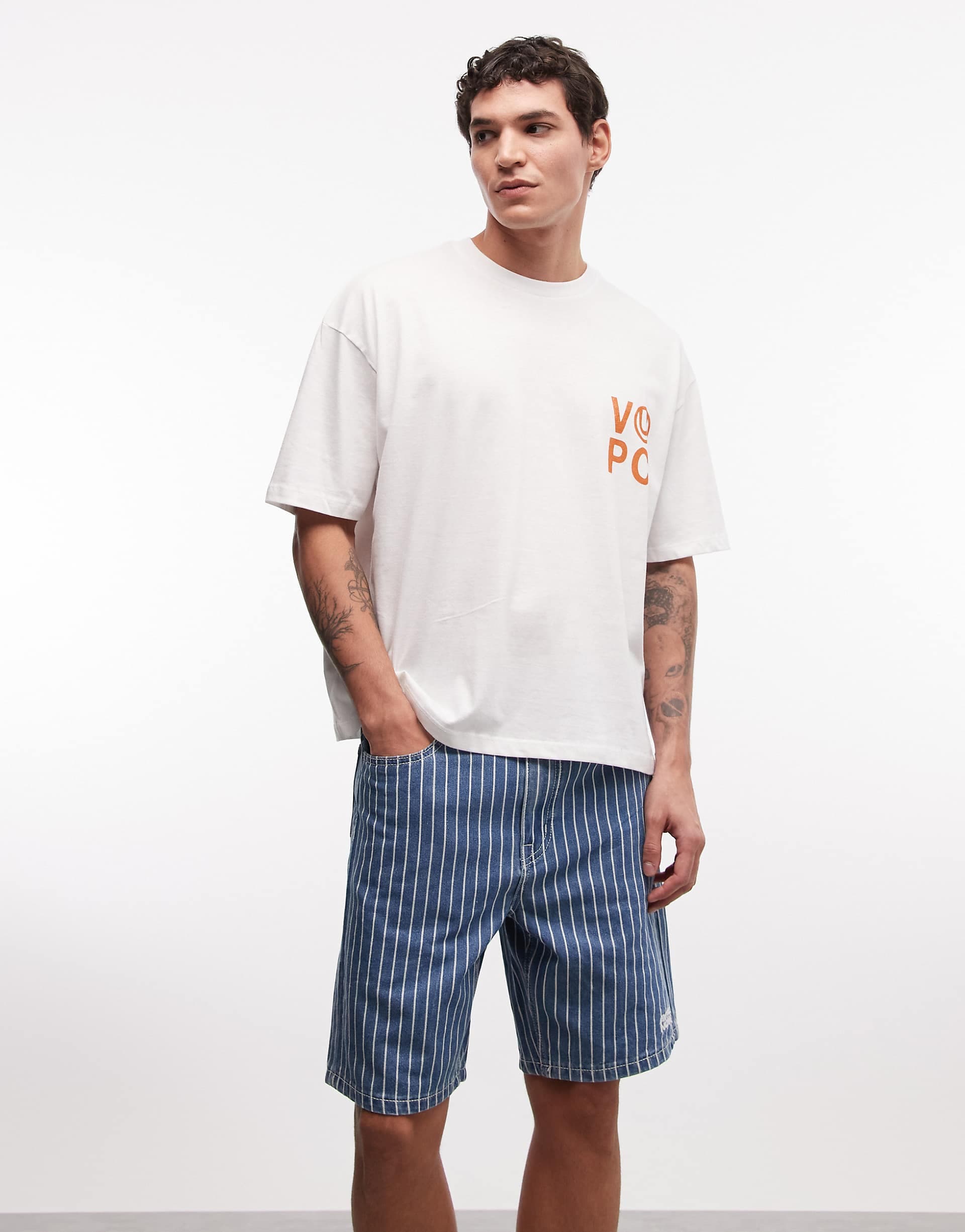 Aape by A Bathing Ape aape now striped denim jorts in blue and white