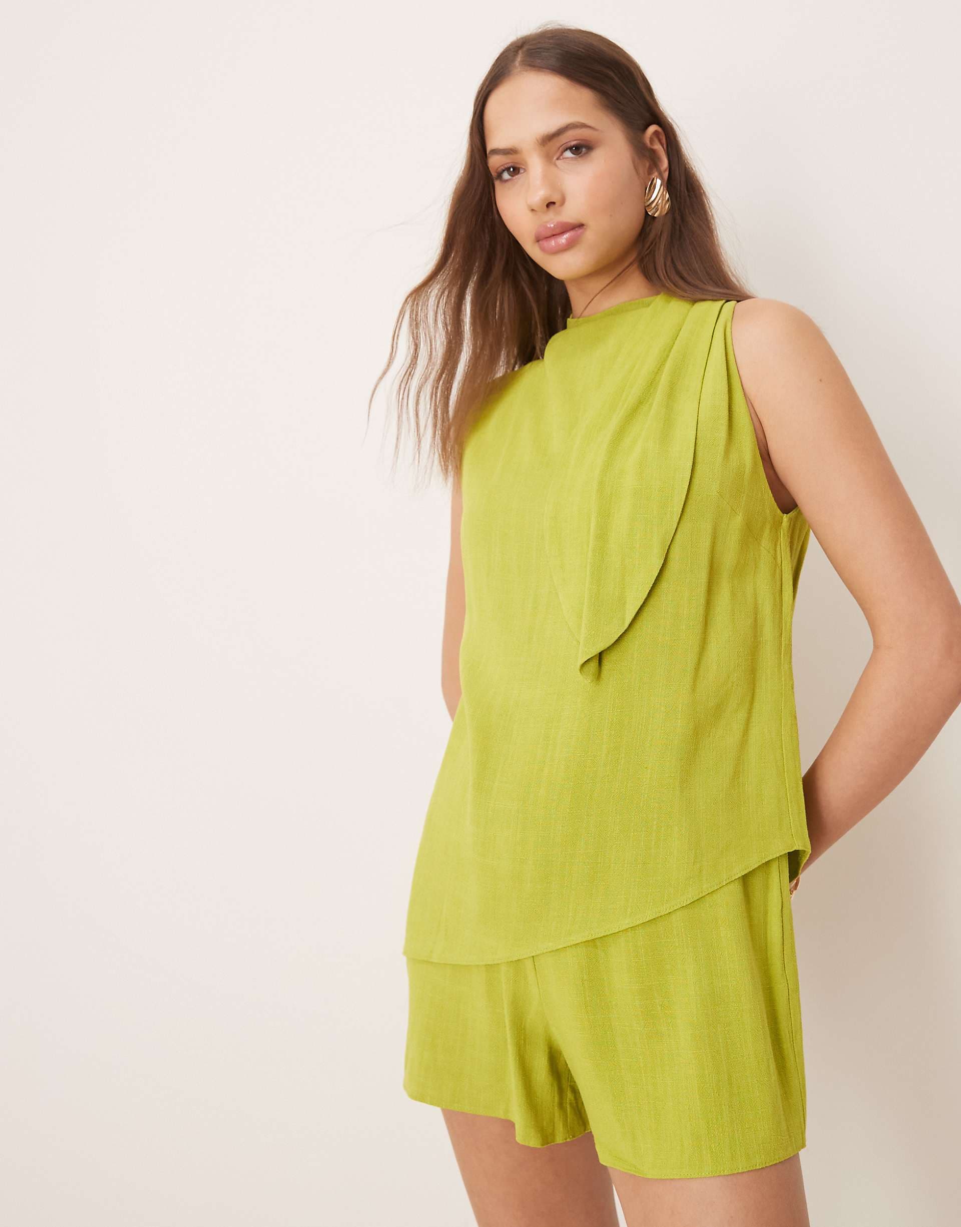 ASOS DESIGN linen double layer neck tie detail romper in lime green