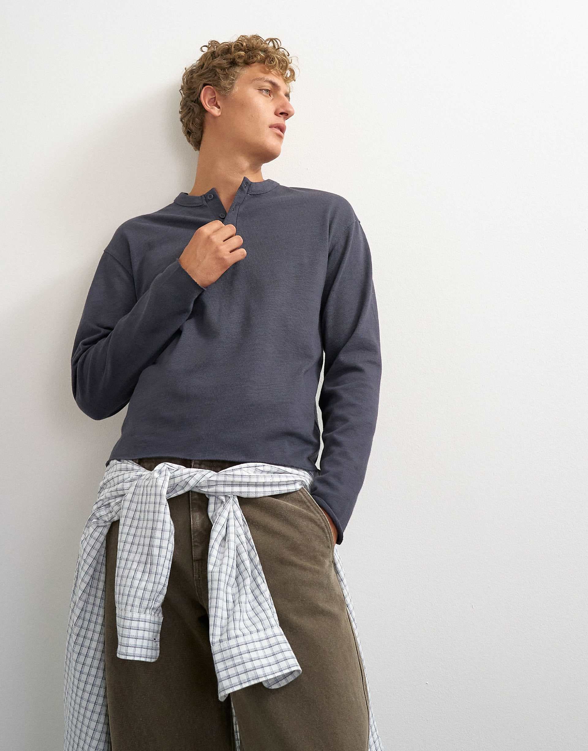 Topman relaxed fit crop heavyweight slub raw edge henley in slate