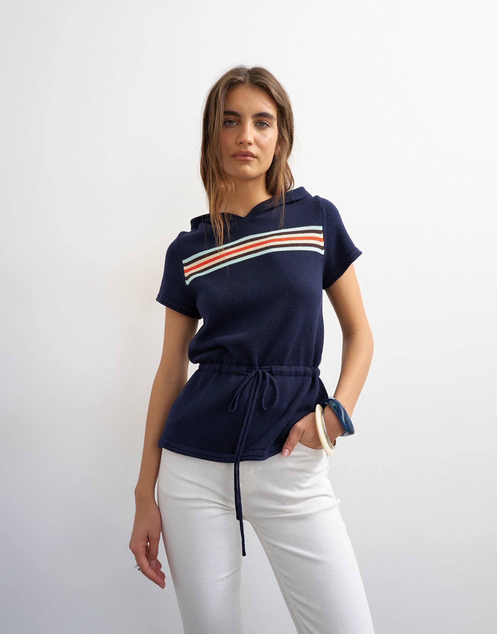 Topshop knit short sleeve sporty hooded stripe cinch waist top in navy