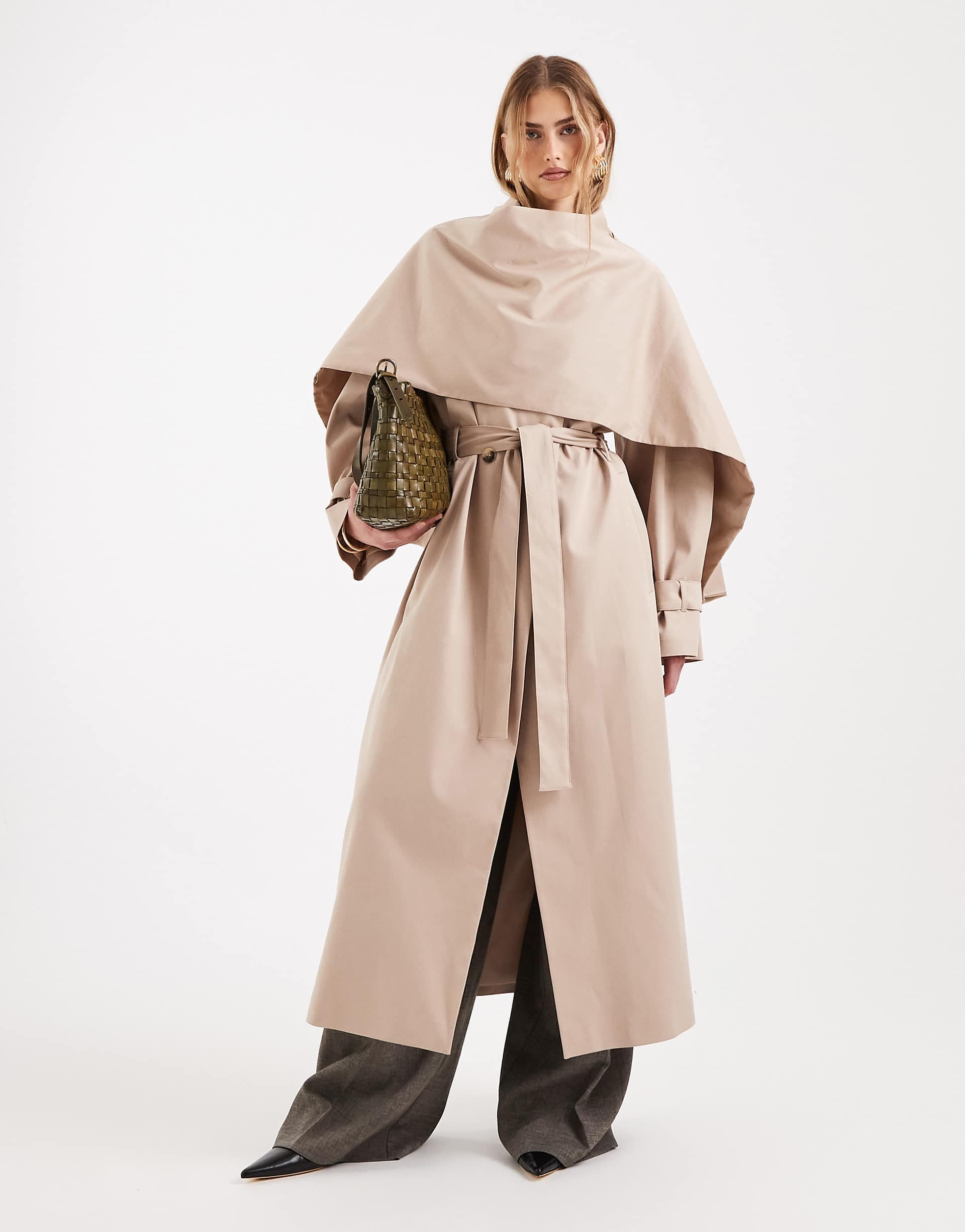 ASOS DESIGN scarf detail trench coat in stone