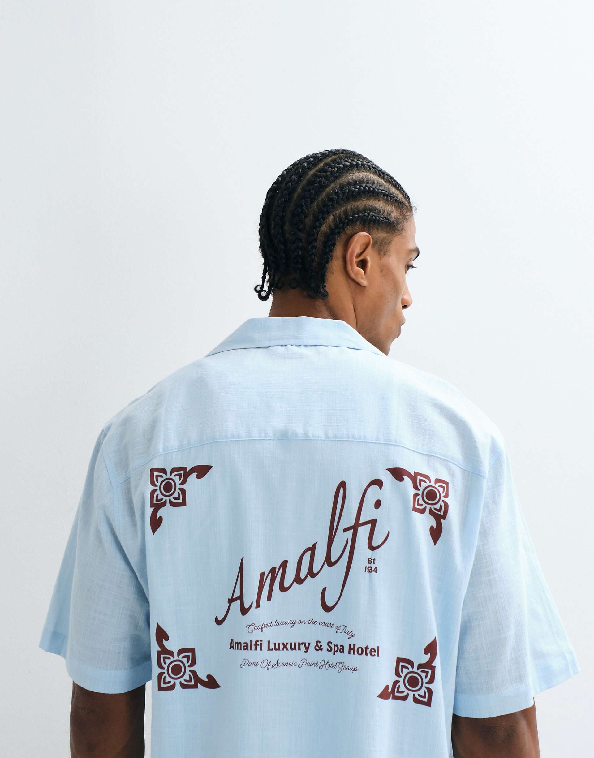 ASOS DESIGN boxy oversized amalfi back print shirt in blue