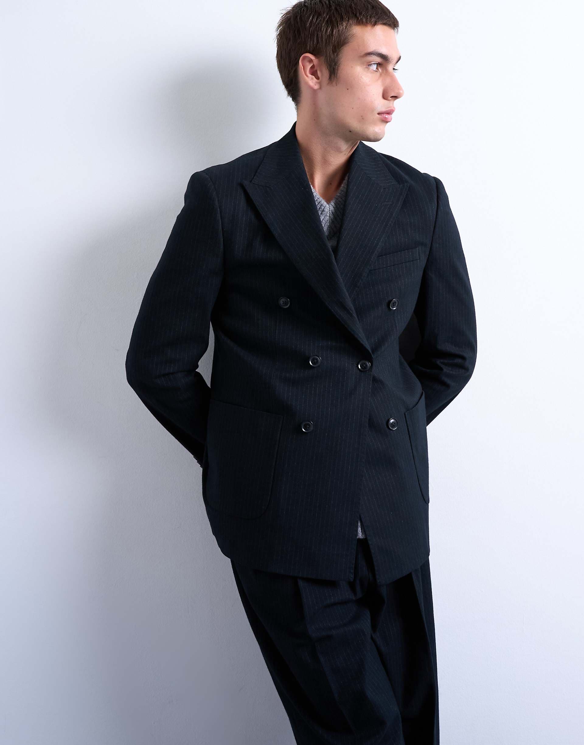 Topman wool look striped double breasted blazer in navy