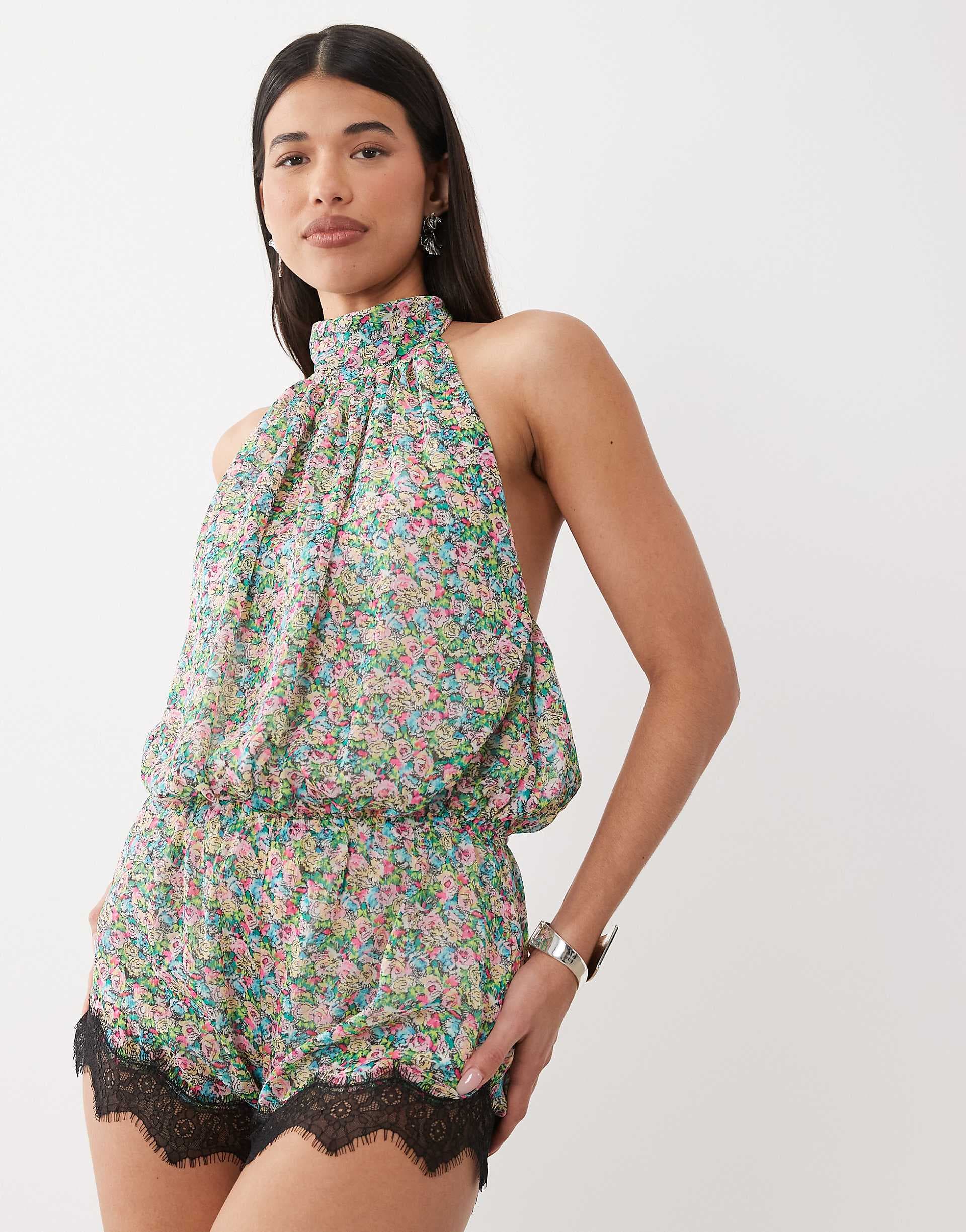 AFRM Logain polo neck halter lace trim romper in ditsy print