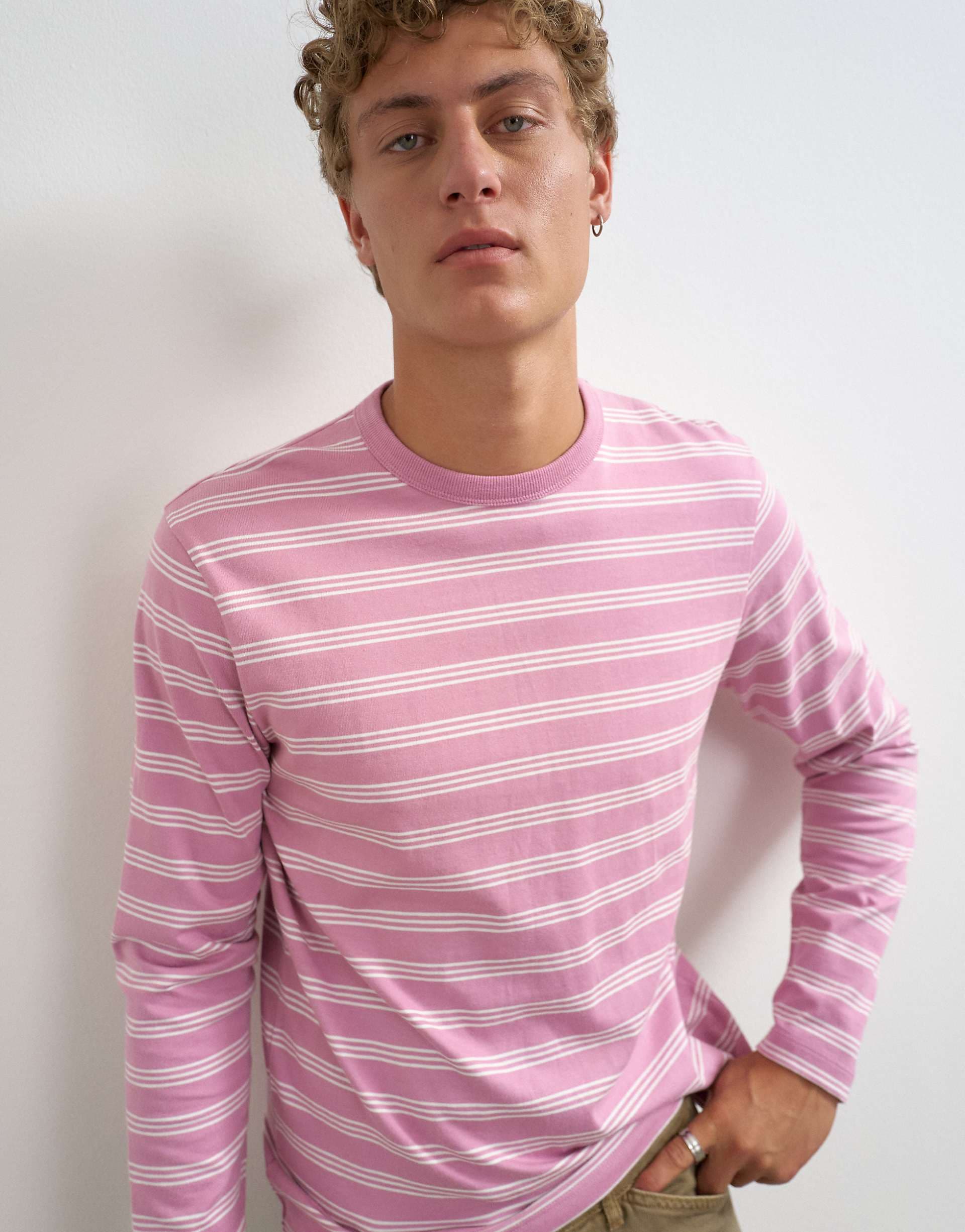 Topman classic fit long sleeve T-shirt with stripes in pink
