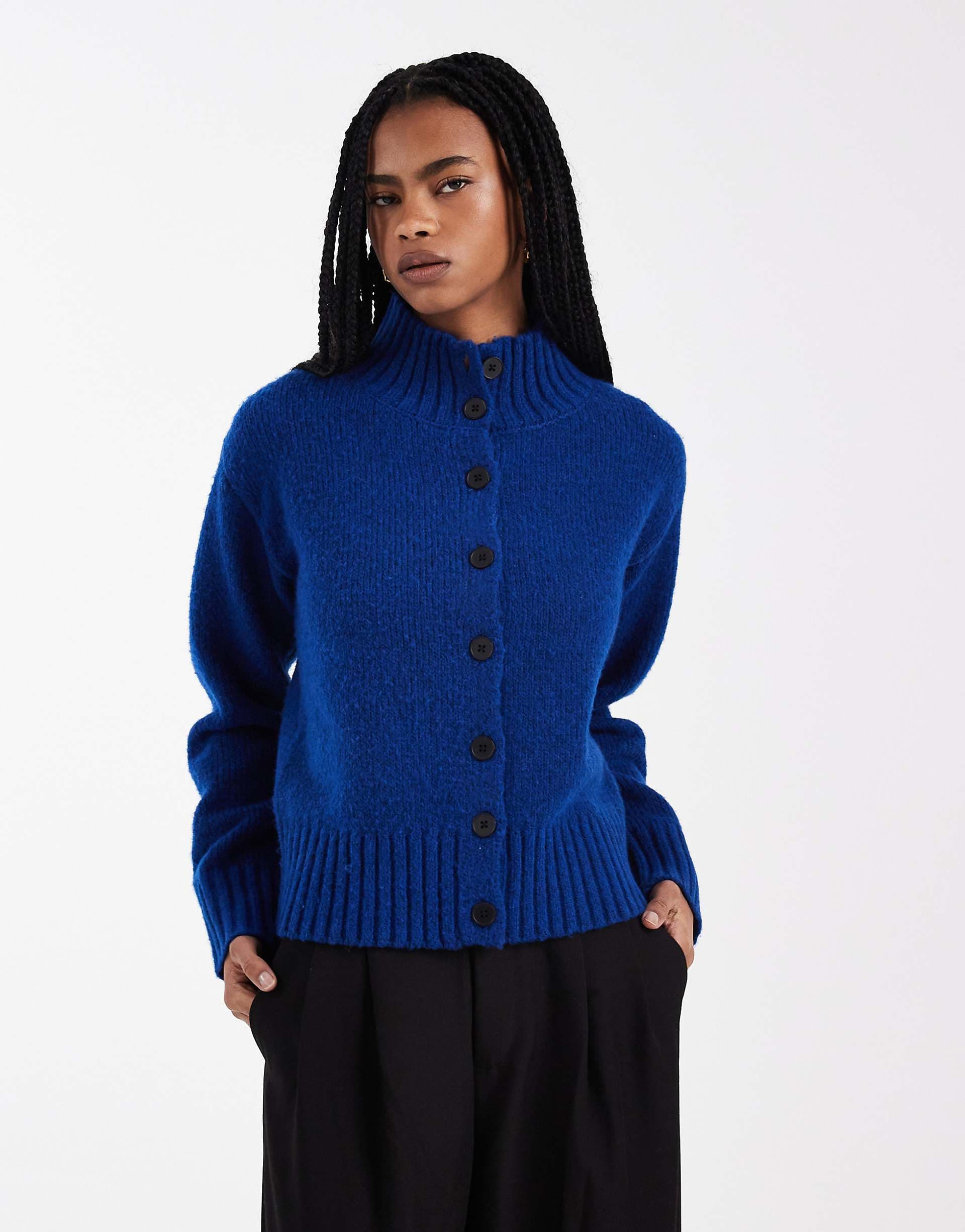 4th & Reckless exclusive funnel neck button up cardigan in cobalt