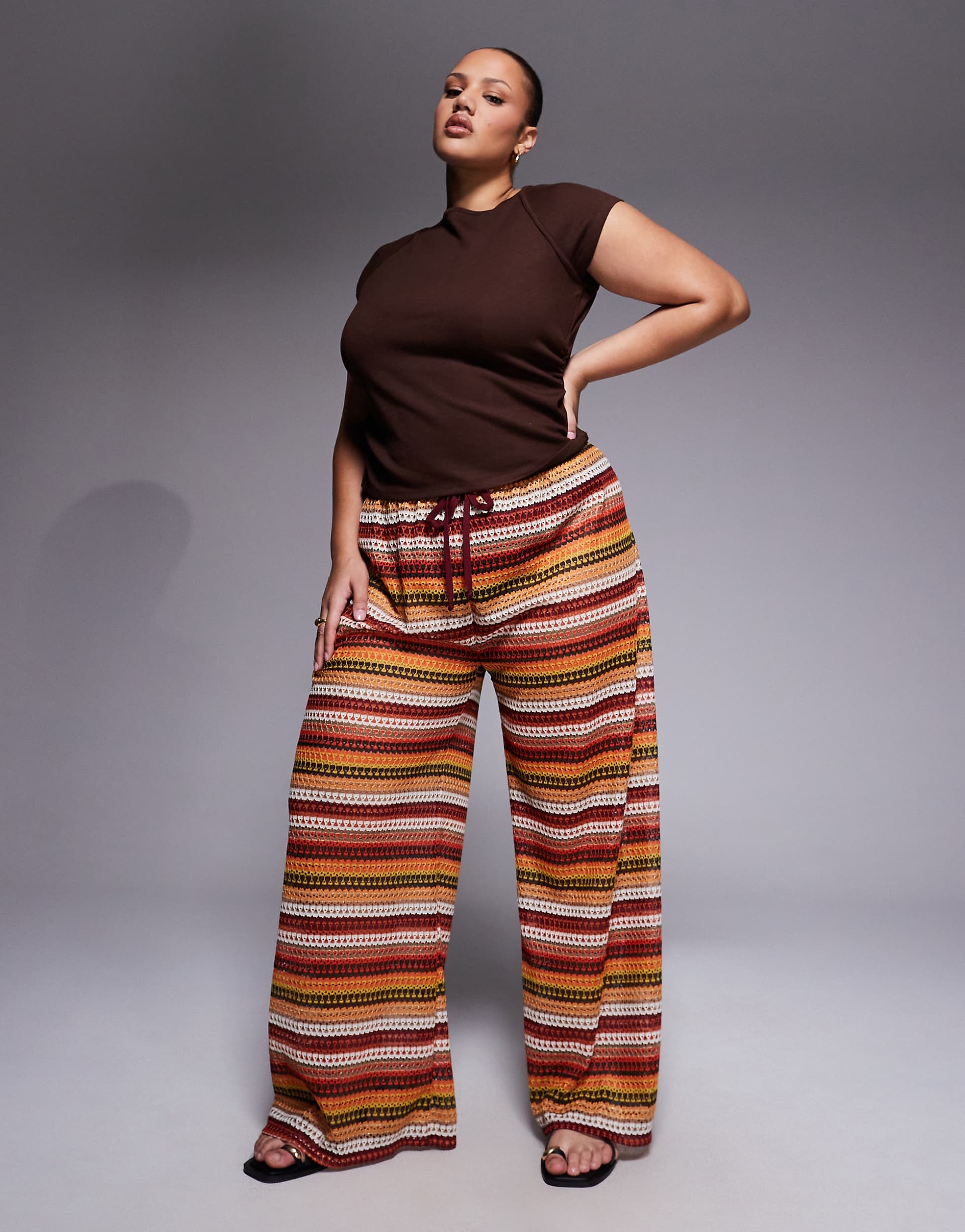 South Beach Curve wide leg crochet pants in burgundy stripes
