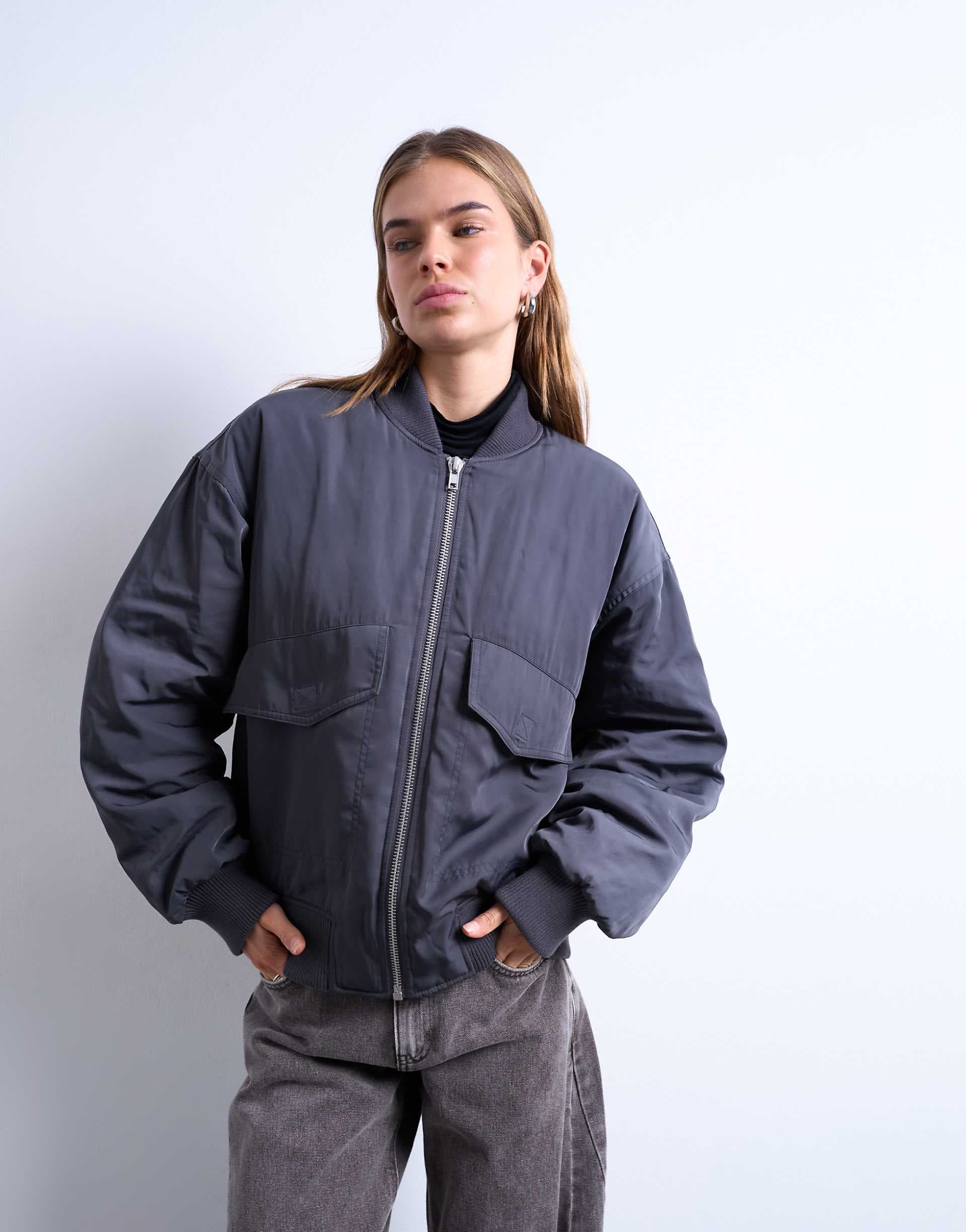 Topshop ribbed bomber jacket in slate