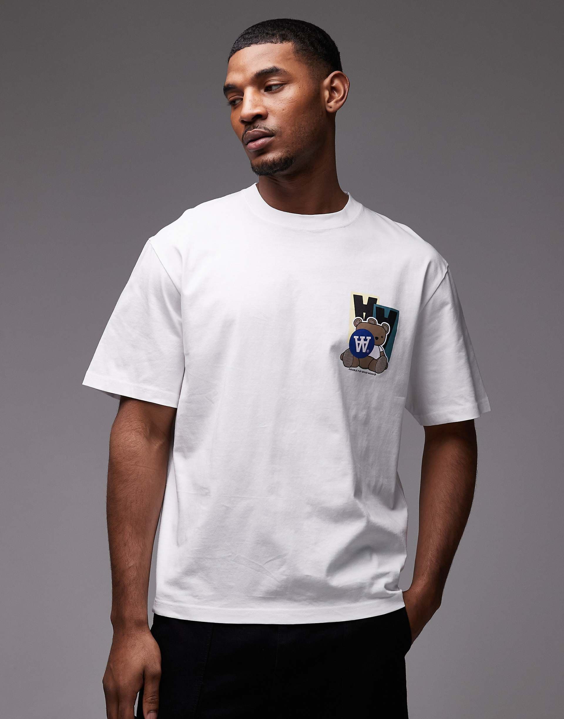 Double A By Wood Wood 100% cotton t-shirt with sticker logo detailing in white