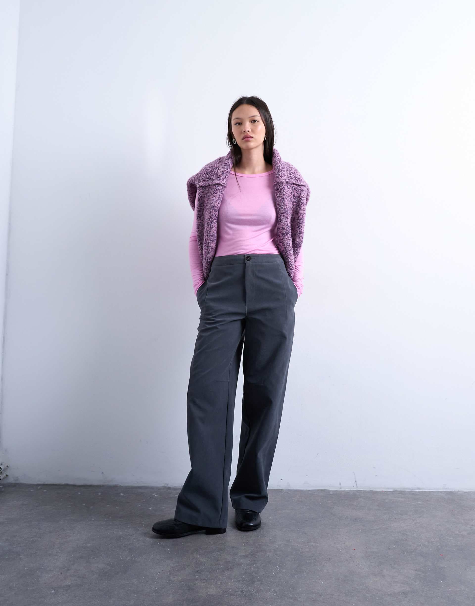 Topshop faux suede wide leg pants with seam detailing in slate