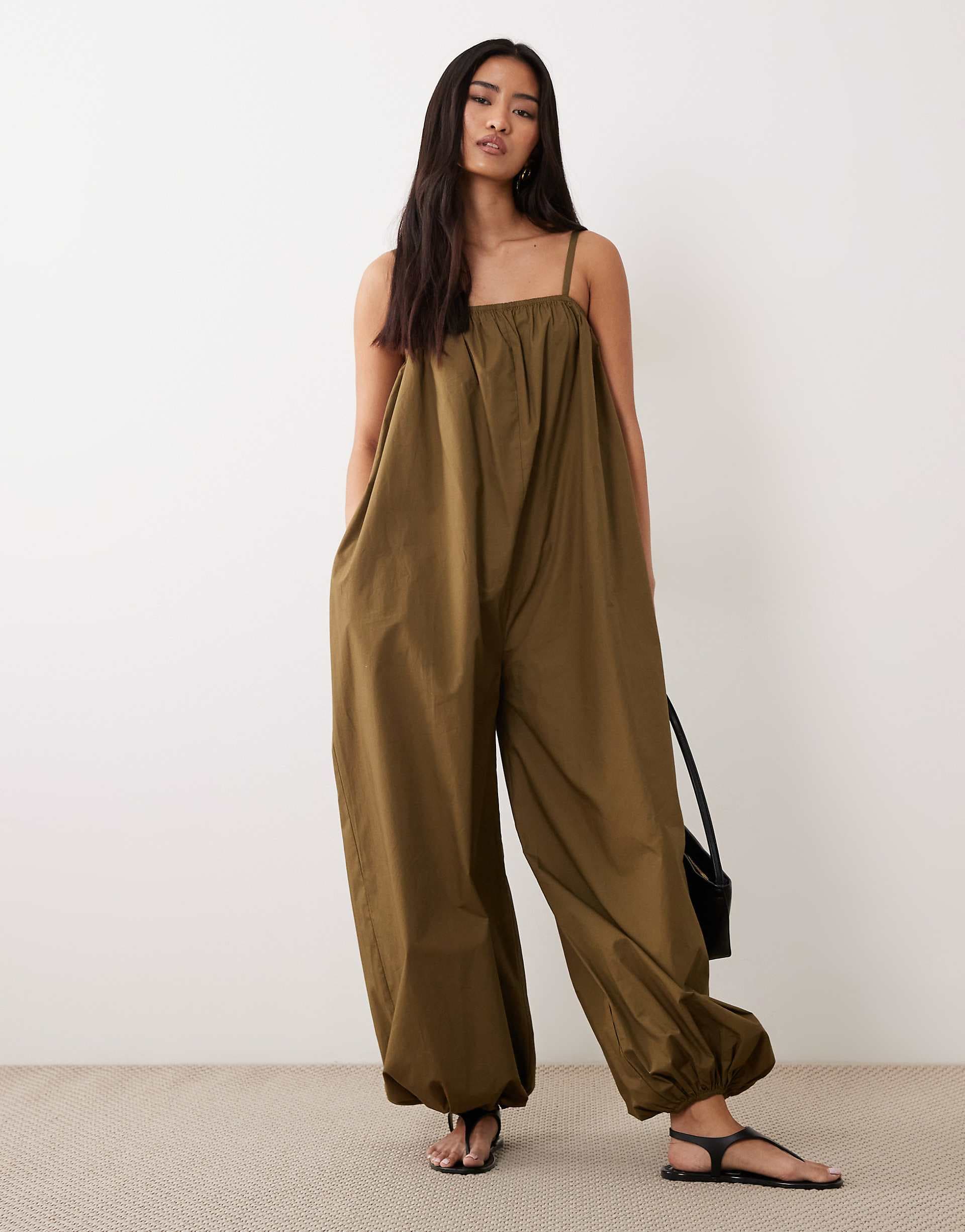 ASOS DESIGN balloon leg strappy jumpsuit in olive