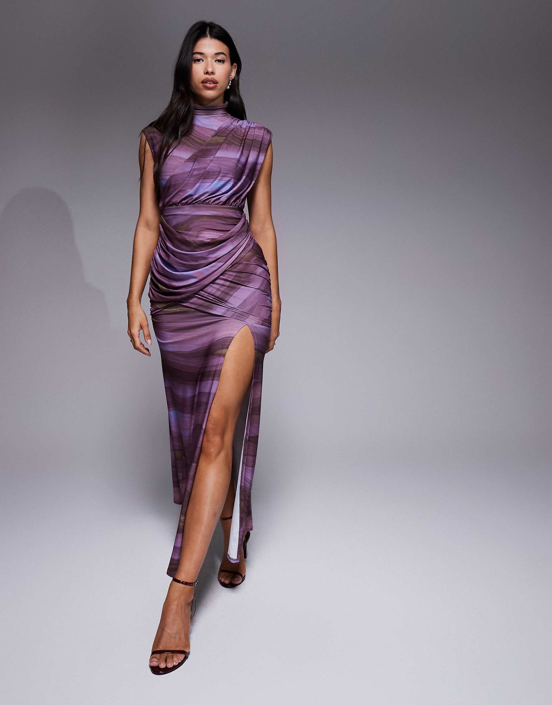 ASOS DESIGN printed maxi dress with drape detail and cap sleeves in marble print