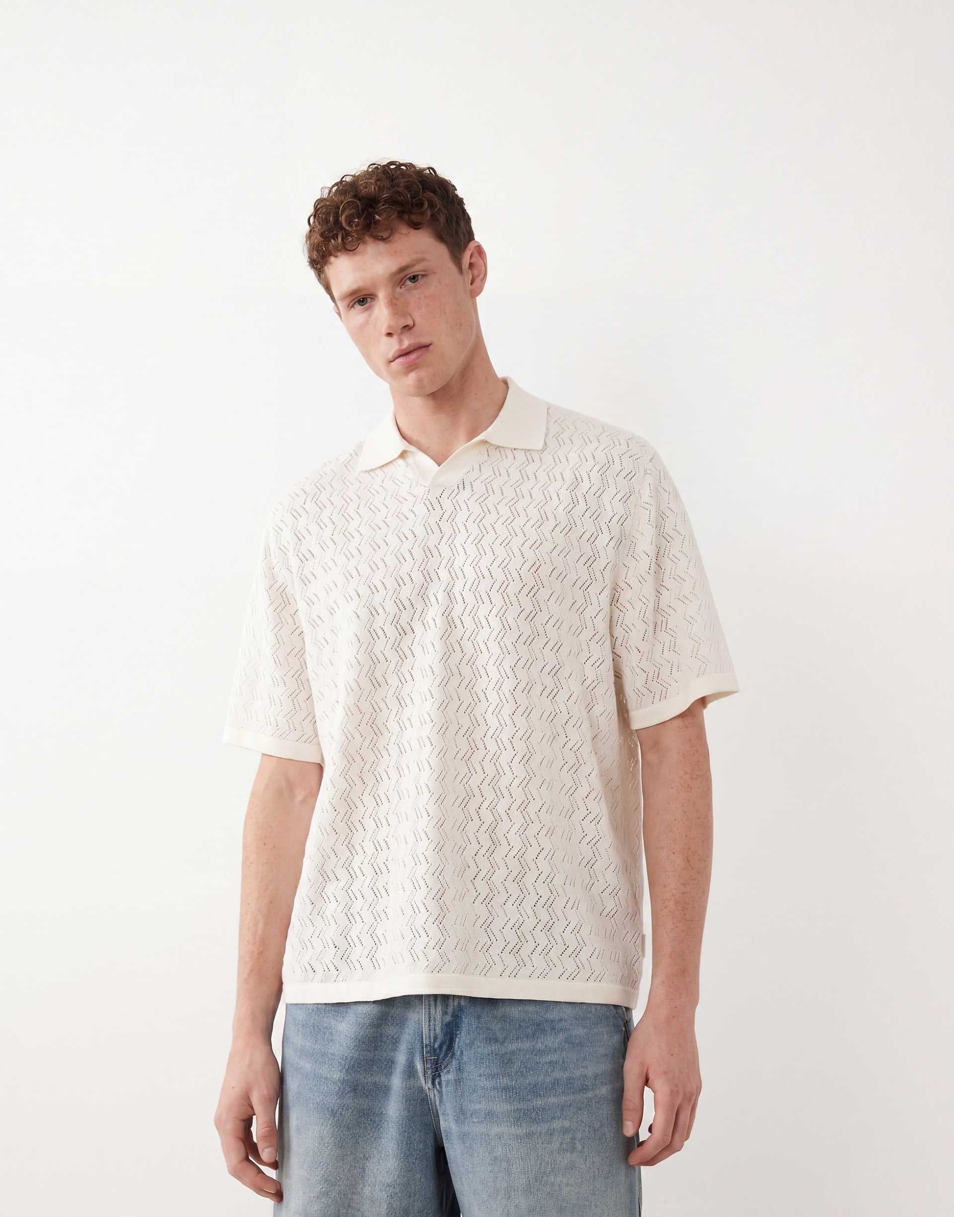Jack & Jones split neck crochet knit polo in off white