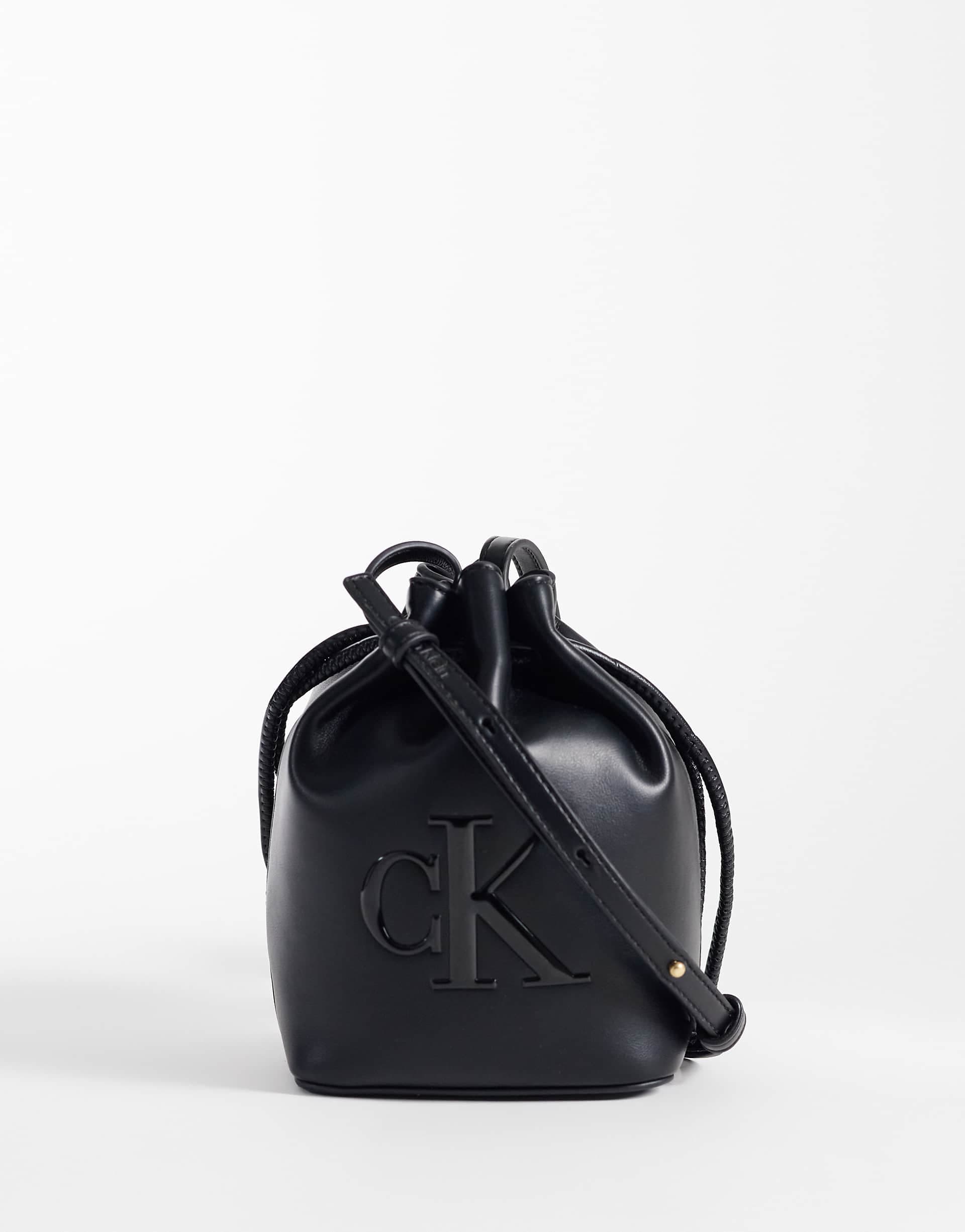 Calvin Klein mini crossbody bucket bag with bold logo in black