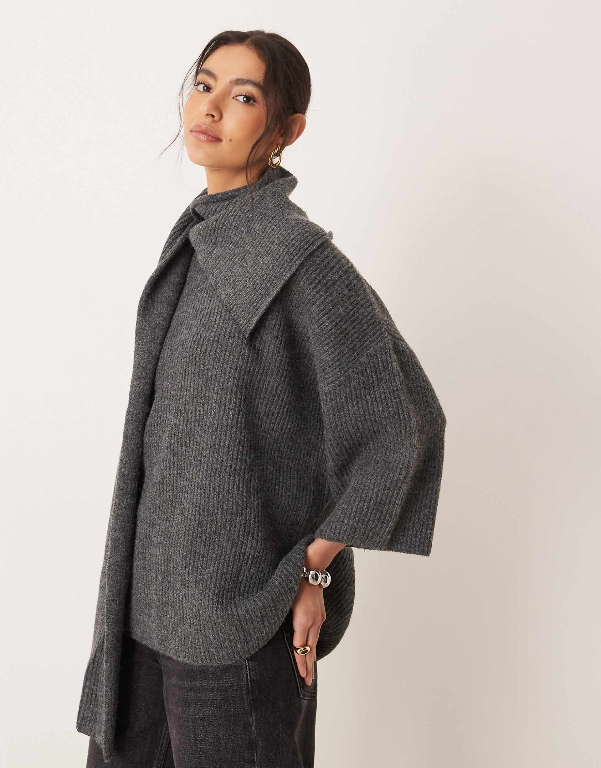 Pretty Lavish knit scarf neck wide sleeve sweater in charcoal