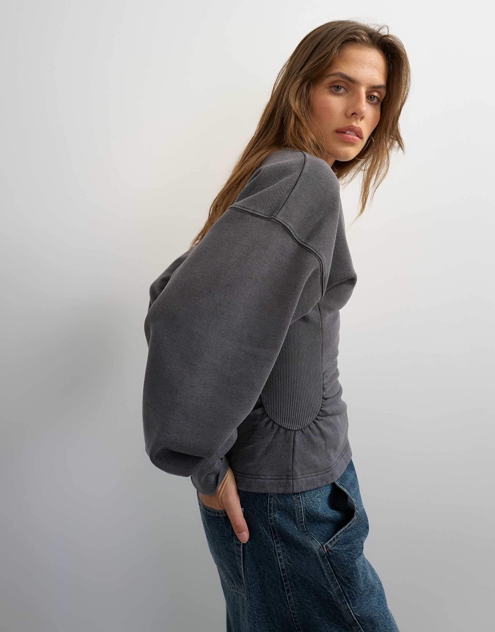 Topshop v-neck cinch waist sweatshirt in black