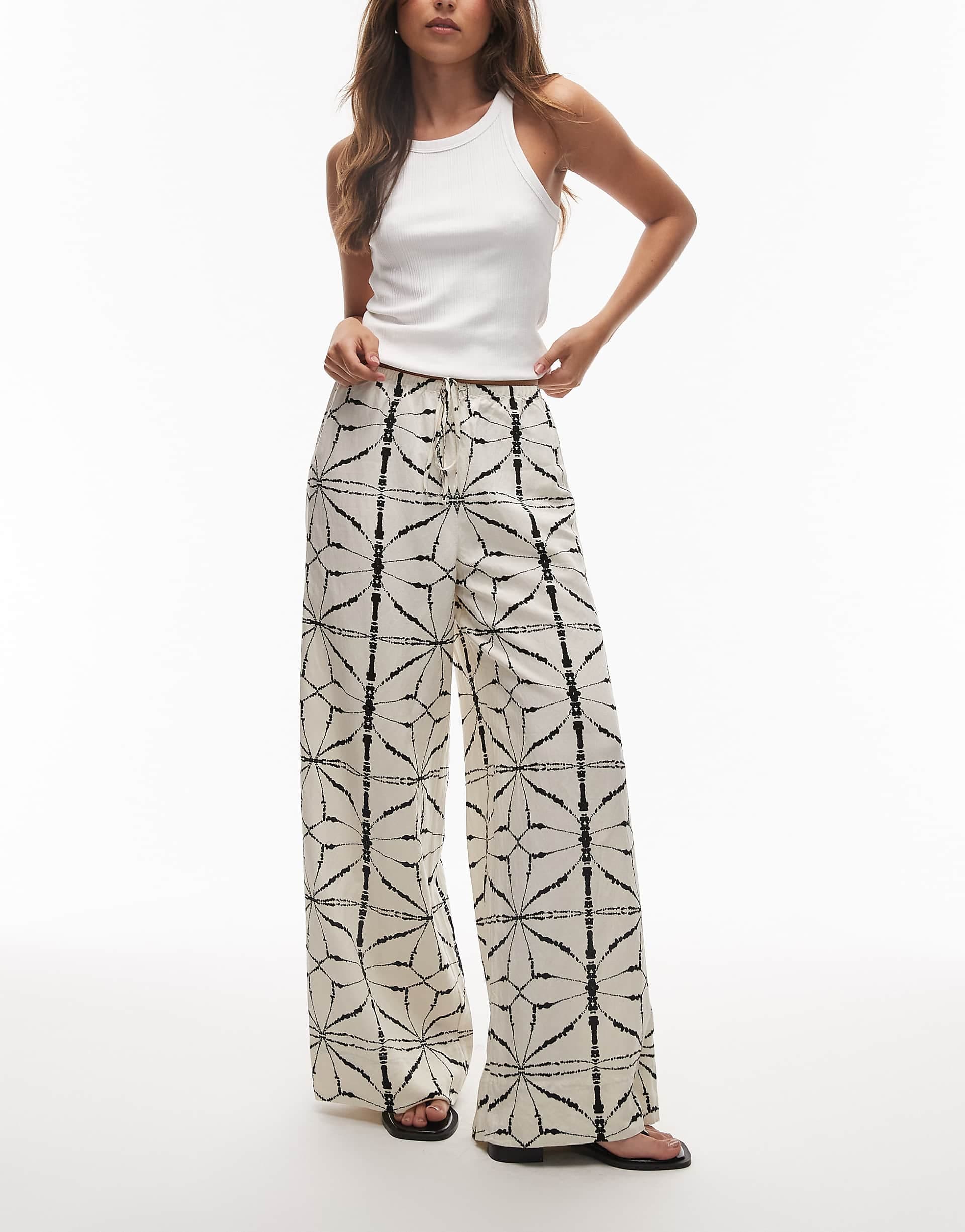 & Other Stories linen wide leg pants with drawstring waist in off white and black pattern