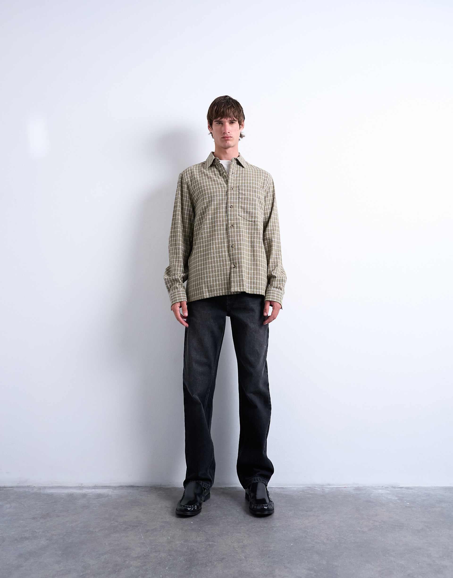 Topman long sleeve relaxed grid plaid shirt in khaki