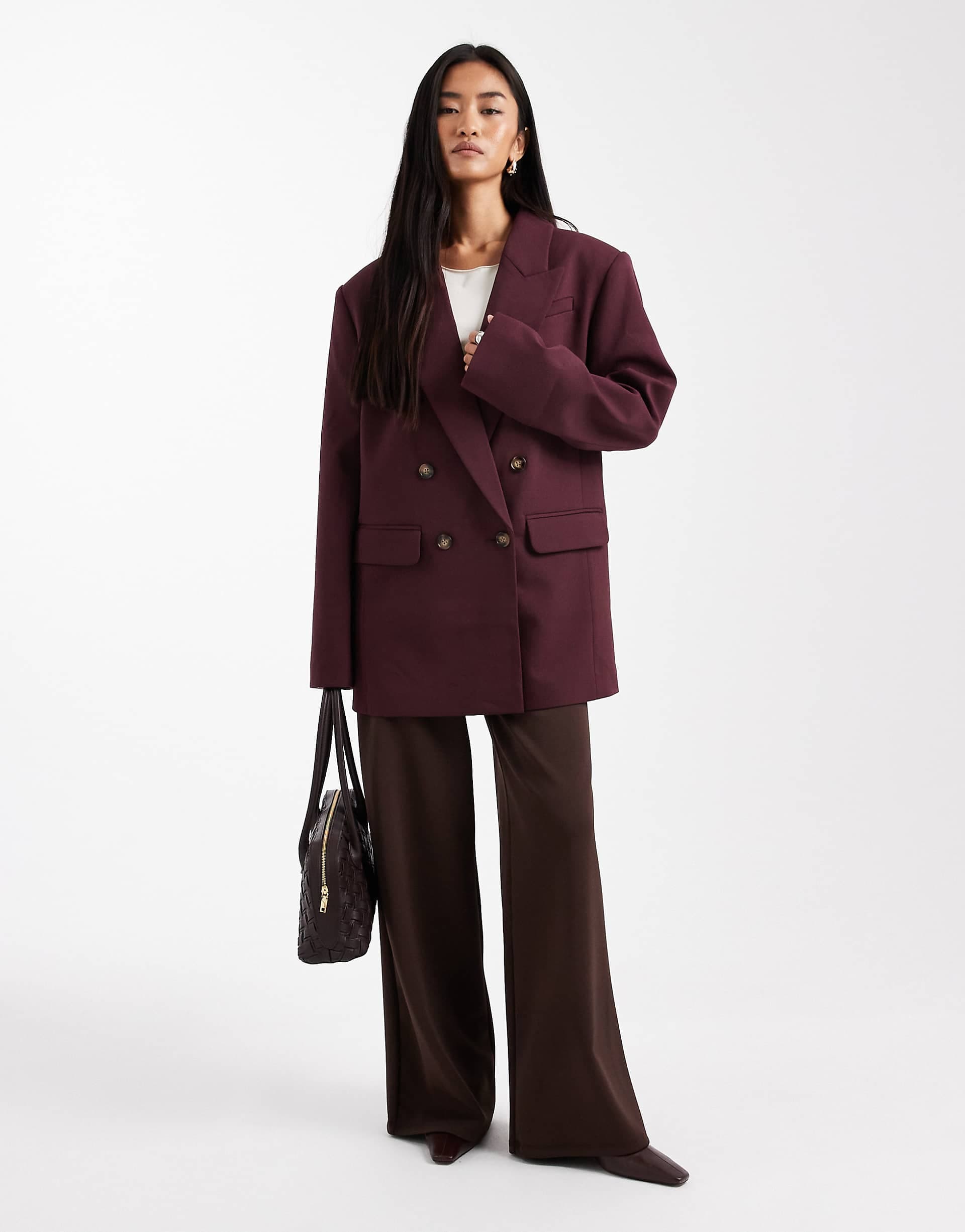 ASOS DESIGN tailored double breasted power shoulder blazer in plum