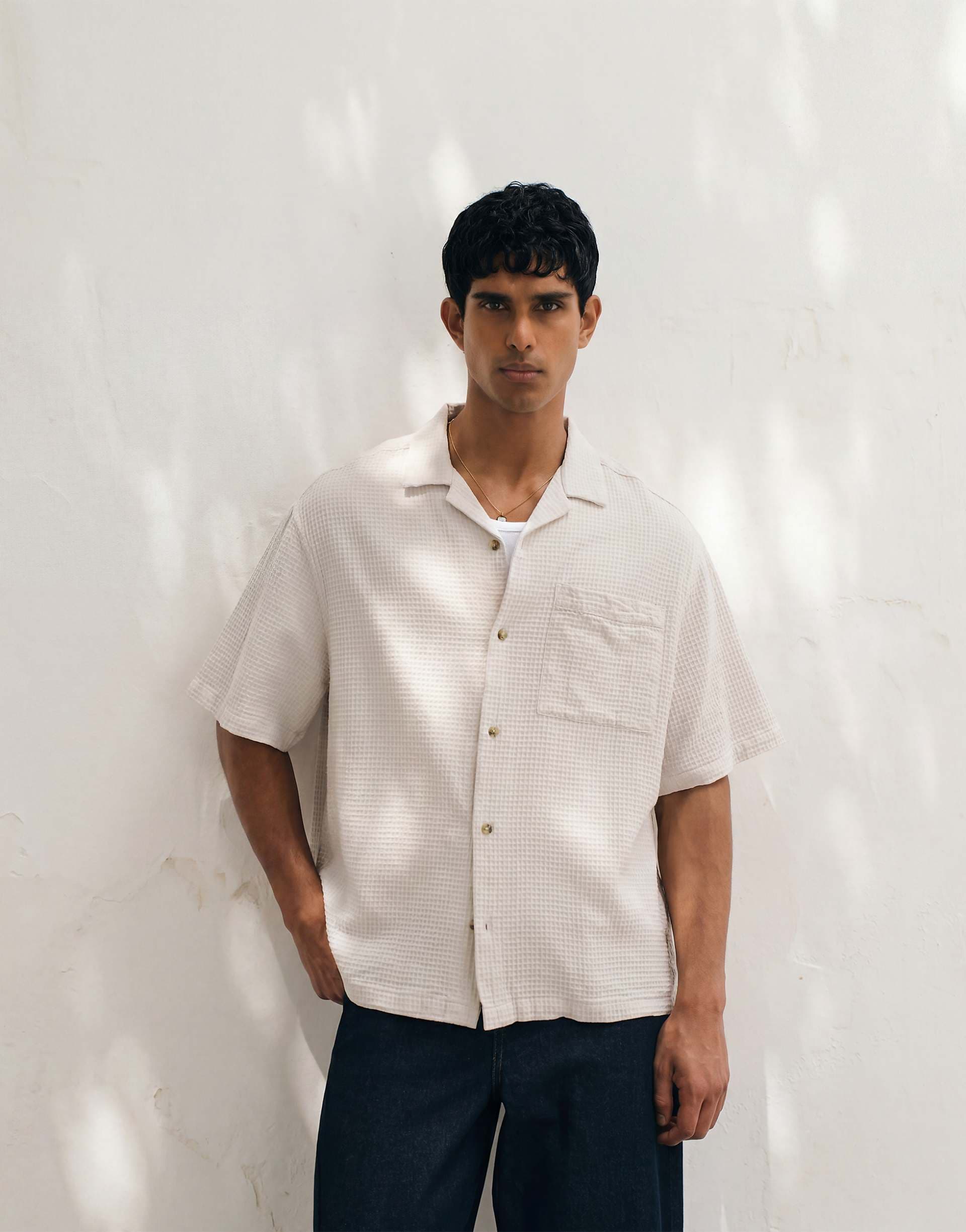ASOS DESIGN oversized camp collar waffle shirt in cream