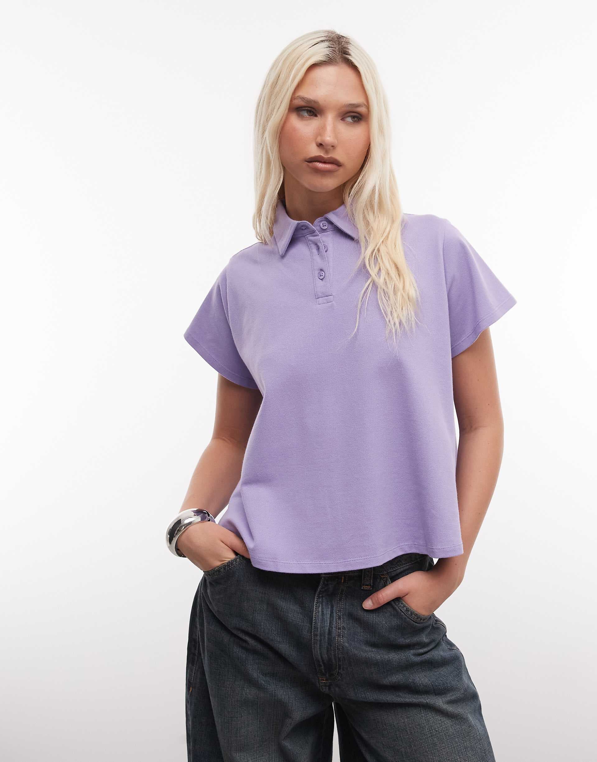 ASOS DESIGN trapeze hem short sleeve polo top in lilac