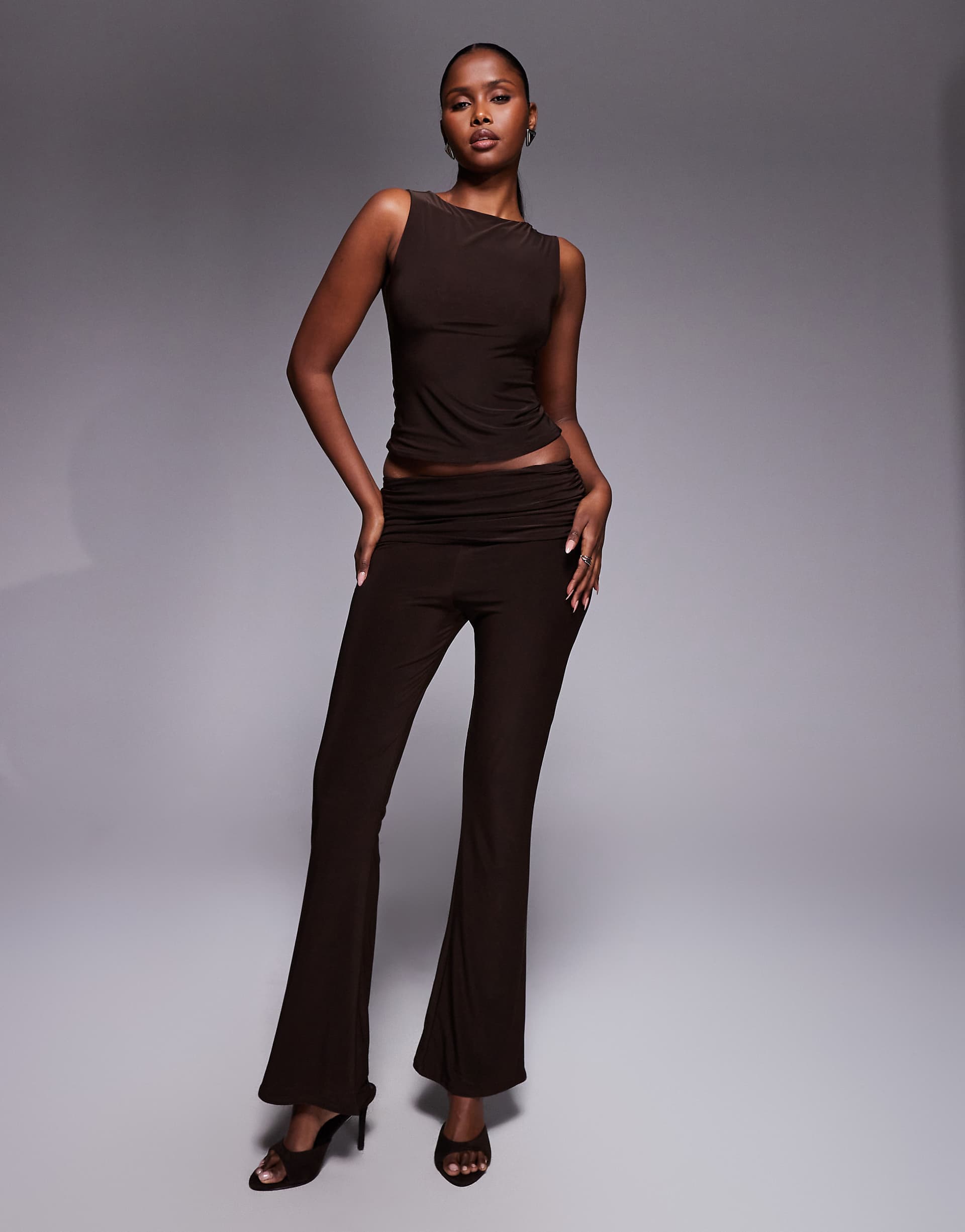 Kaiia exclusive double layered slinky foldover flared pants in chocolate - part of a set