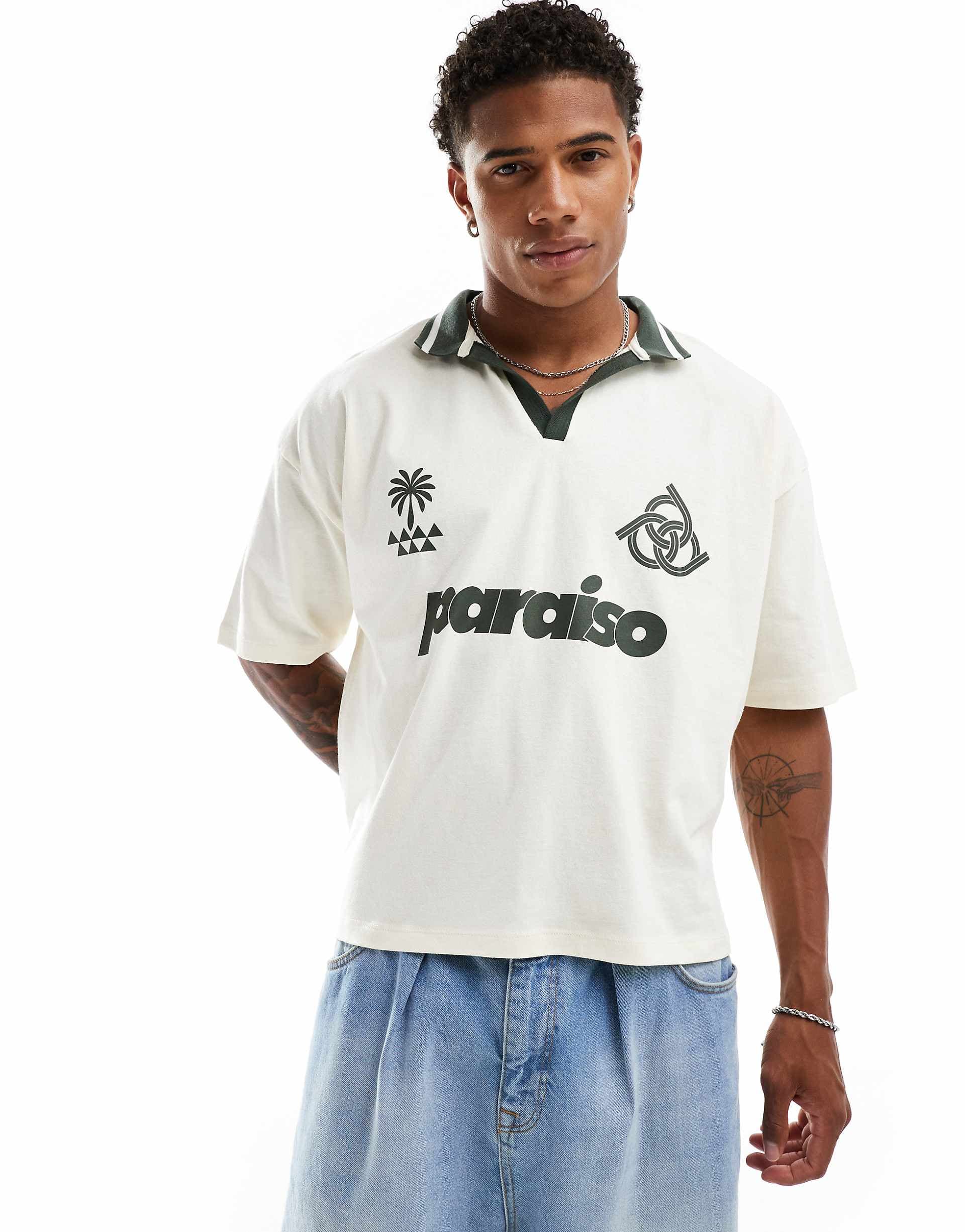 ASOS DESIGN boxy oversized polo with soccer front print in white and green