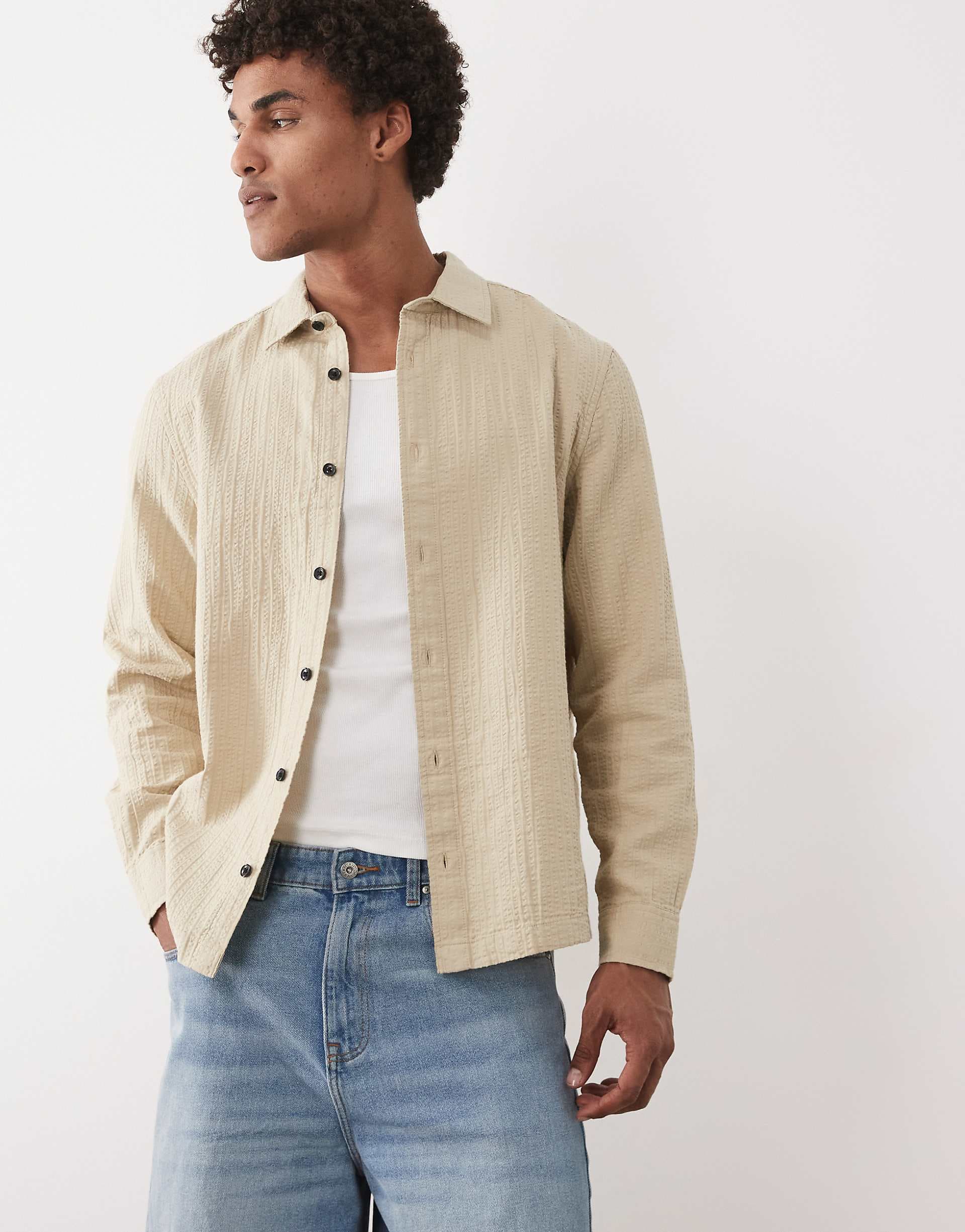 ASOS DESIGN regular fit textured shirt in beige