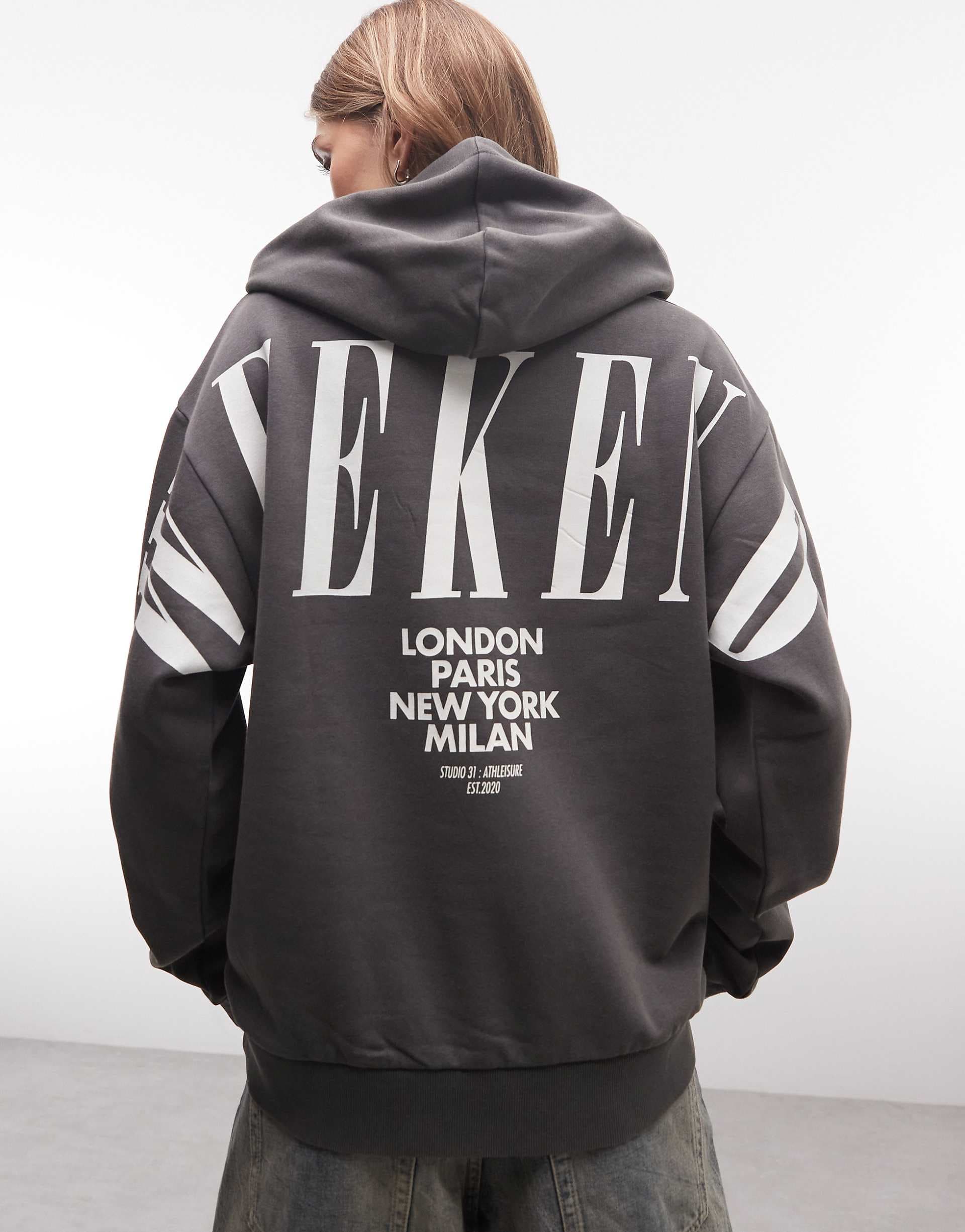 Weekend Collective Icon stacked back print hoodie in washed charcoal