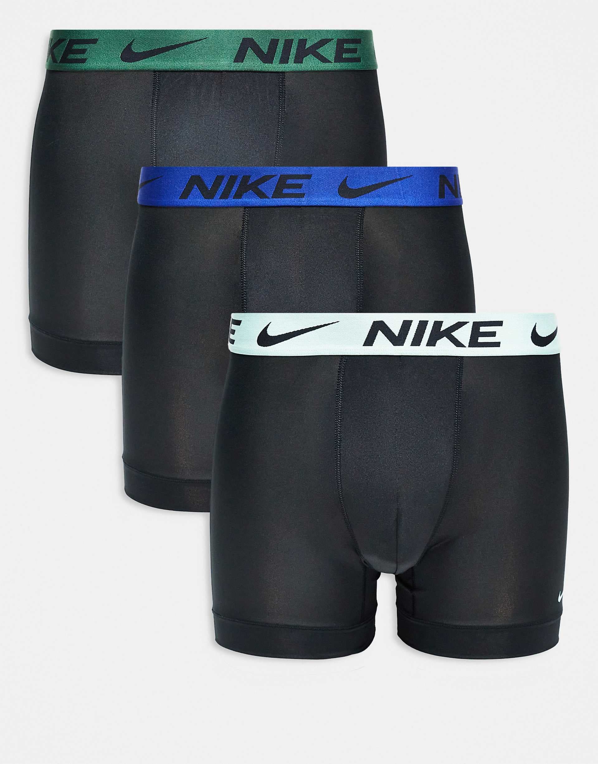 Nike Essential Microfiber 3 pack boxer briefs in black with colored waistband in blue / mint / green