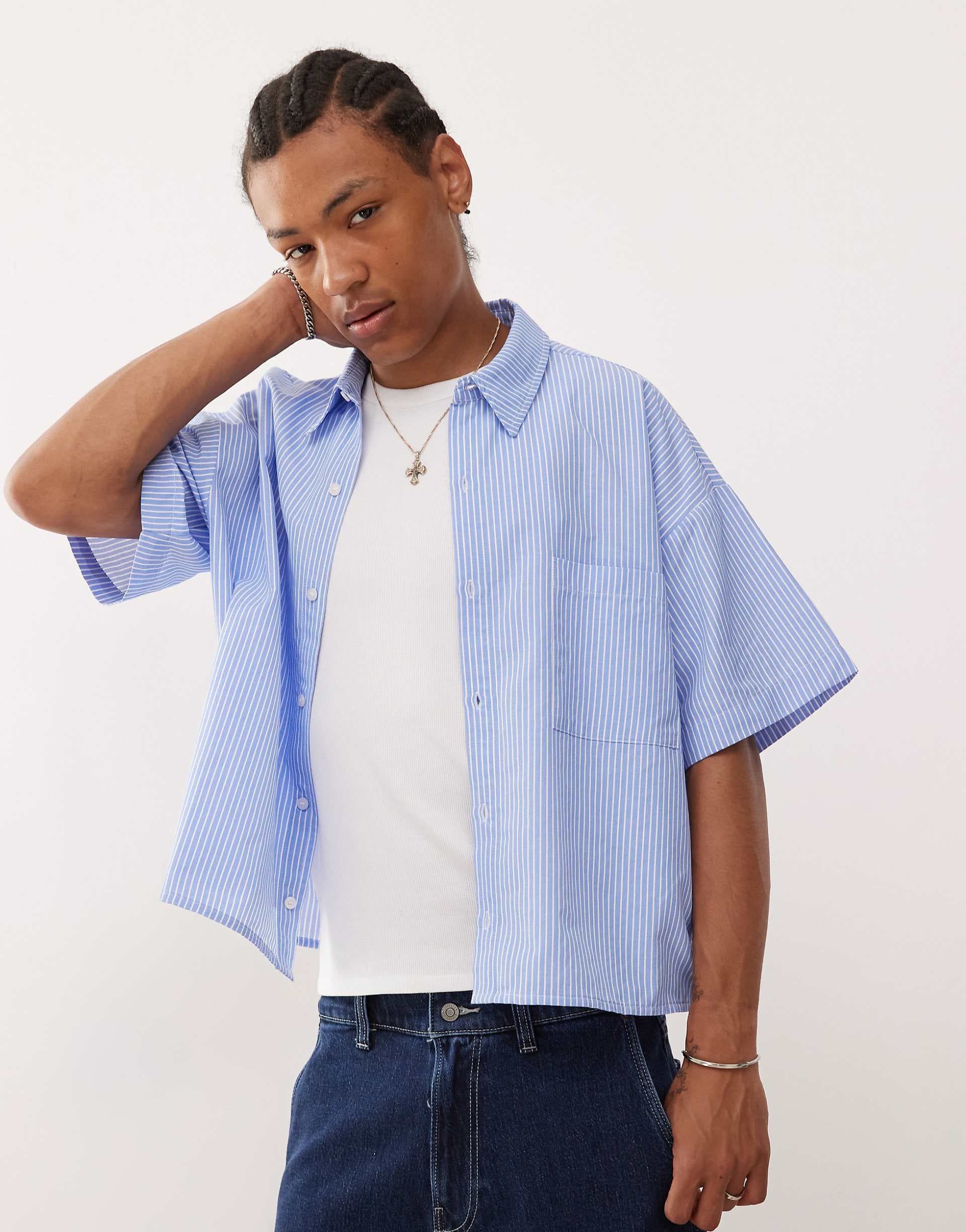 Reclaimed Vintage short sleeve boxy shirt in blue pinstripes