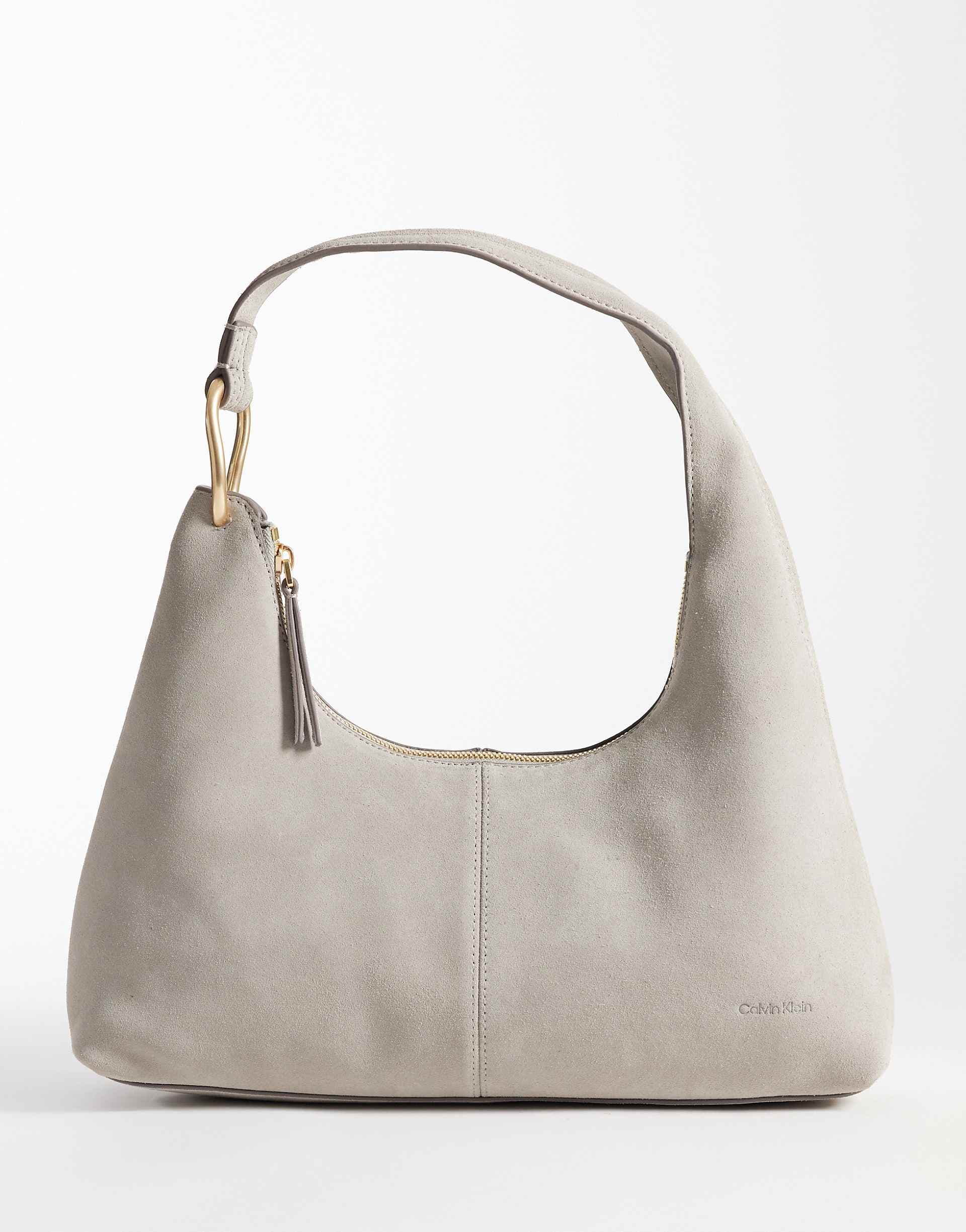 Calvin Klein premium suede slouchy shoulder bag with gold trim in beige