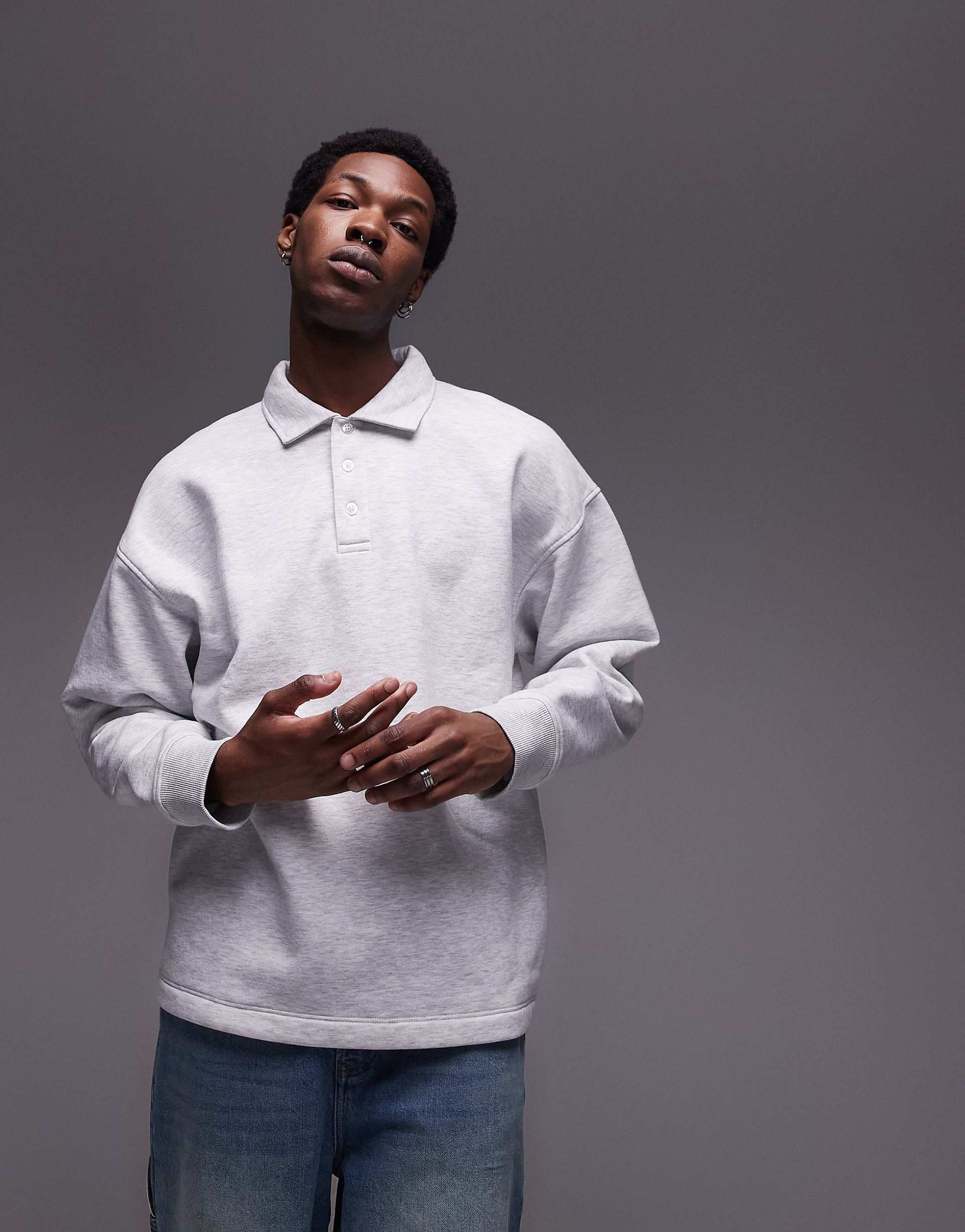 Topman relaxed fit sweatshirt polo in ice gray heather