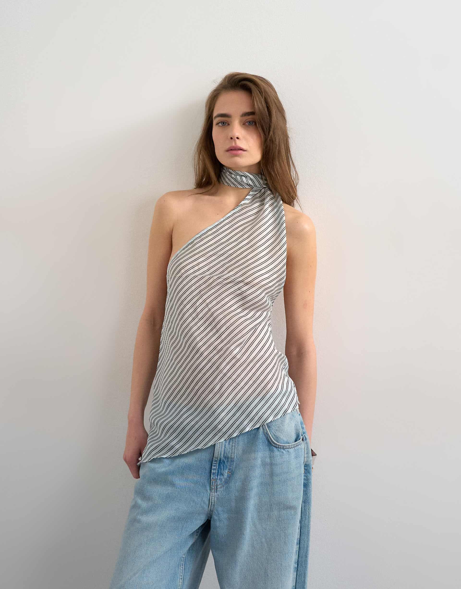 Topshop halter neck scarf detail top in blue stripes
