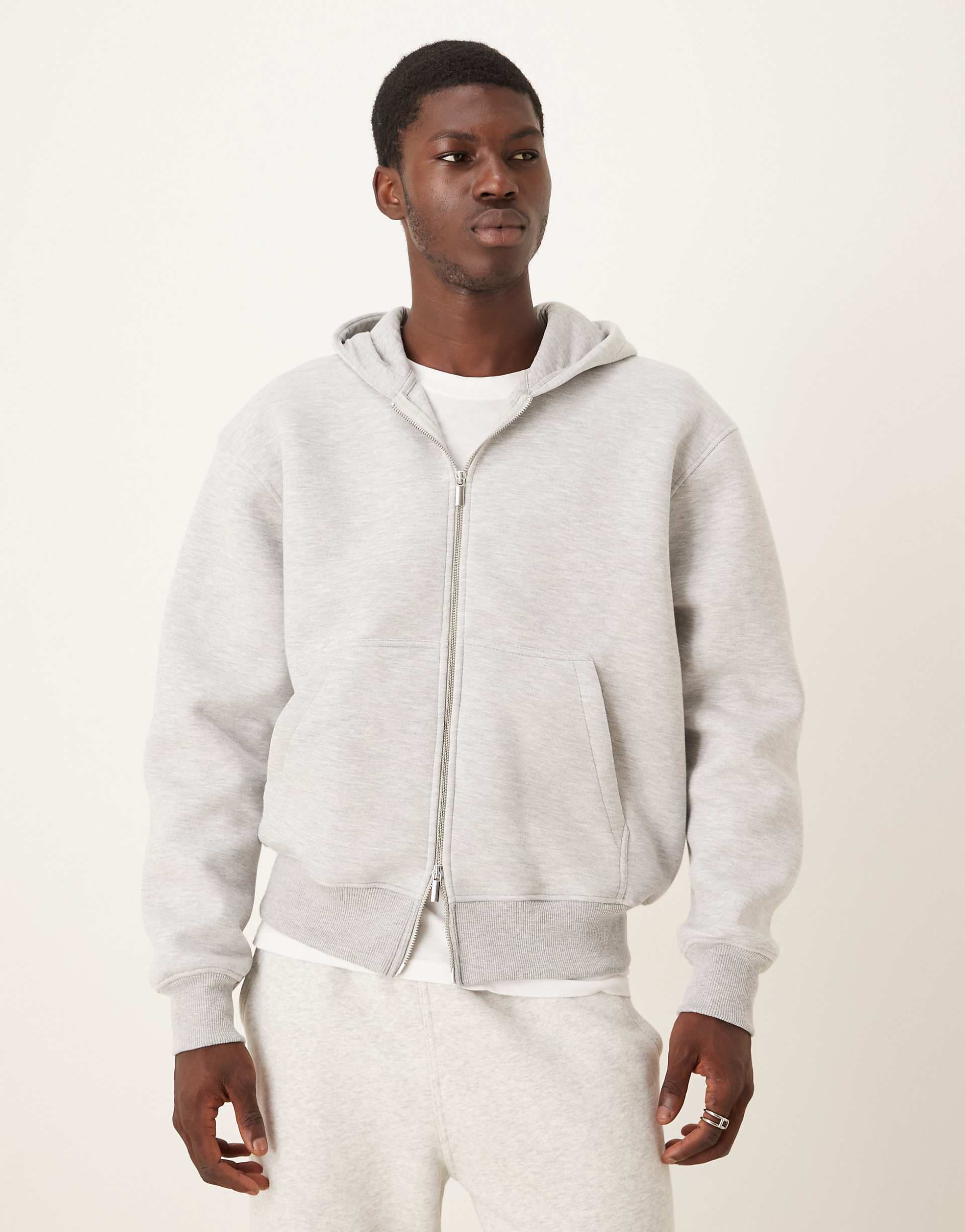 ASOS DESIGN heavyweight relaxed boxy zip up hoodie in scuba-style fabric in gray heather