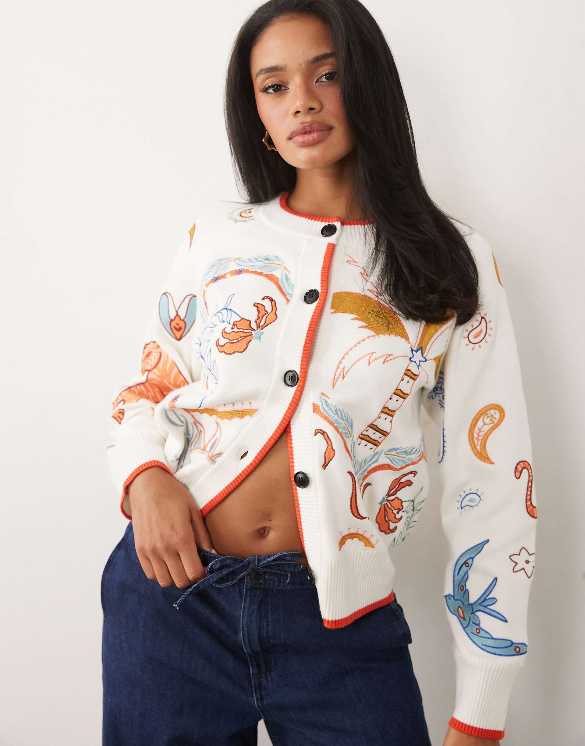 Never Fully Dressed button down knit cardigan with embroidery in white
