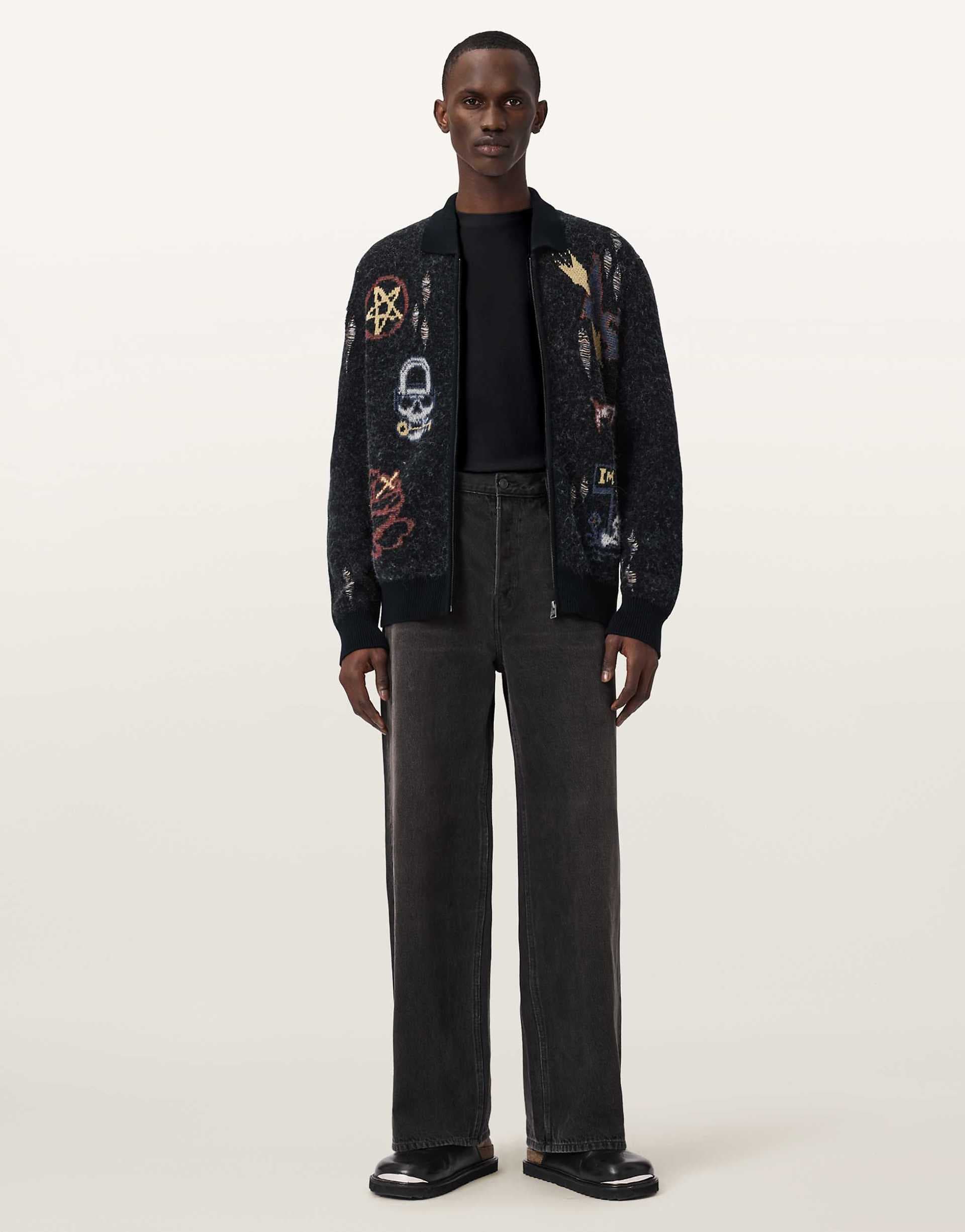 AllSaints Meller zip up embroidered knit cardigan in black