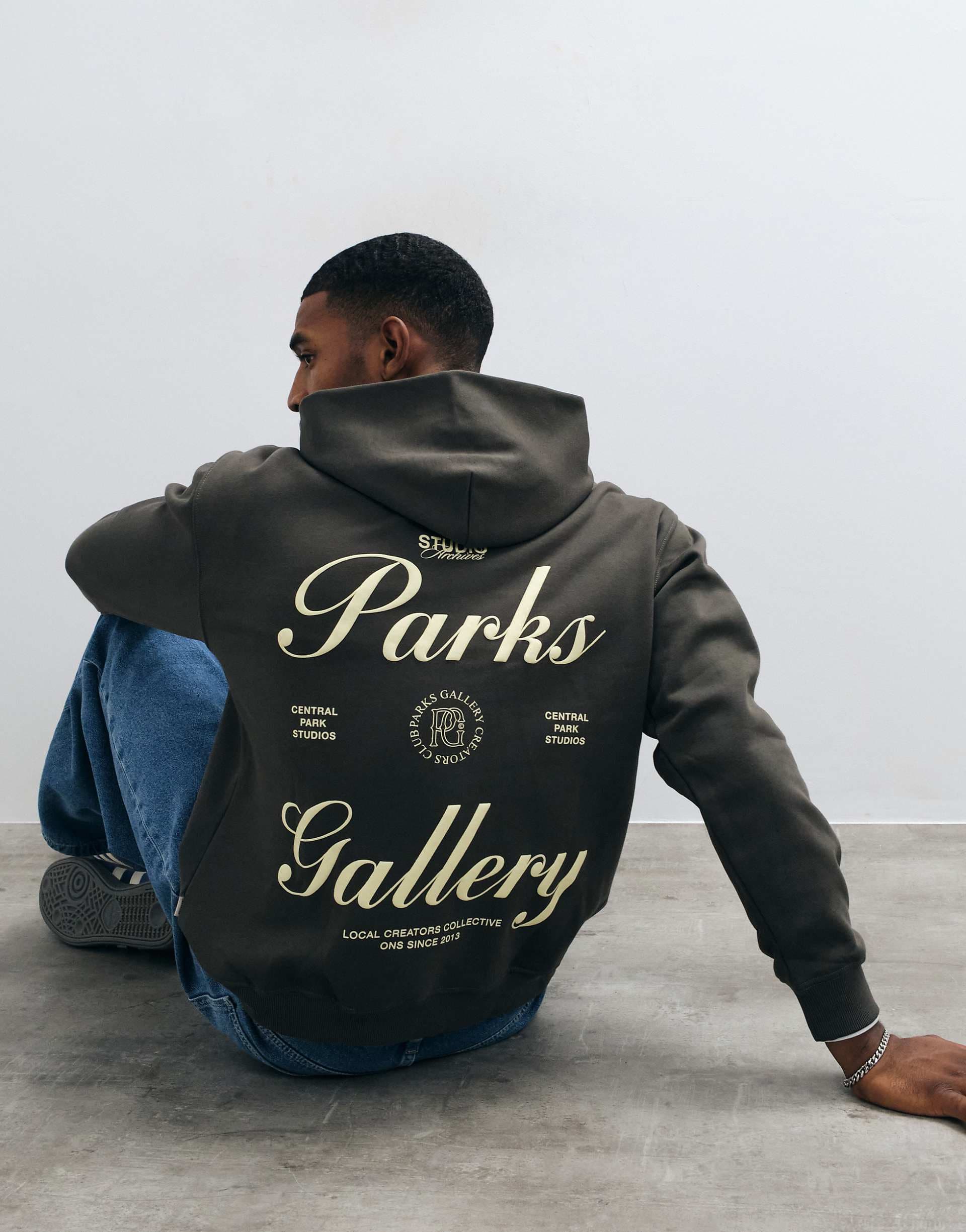 ONLY & SONS relaxed fit hoodie with gallery back print in green gray