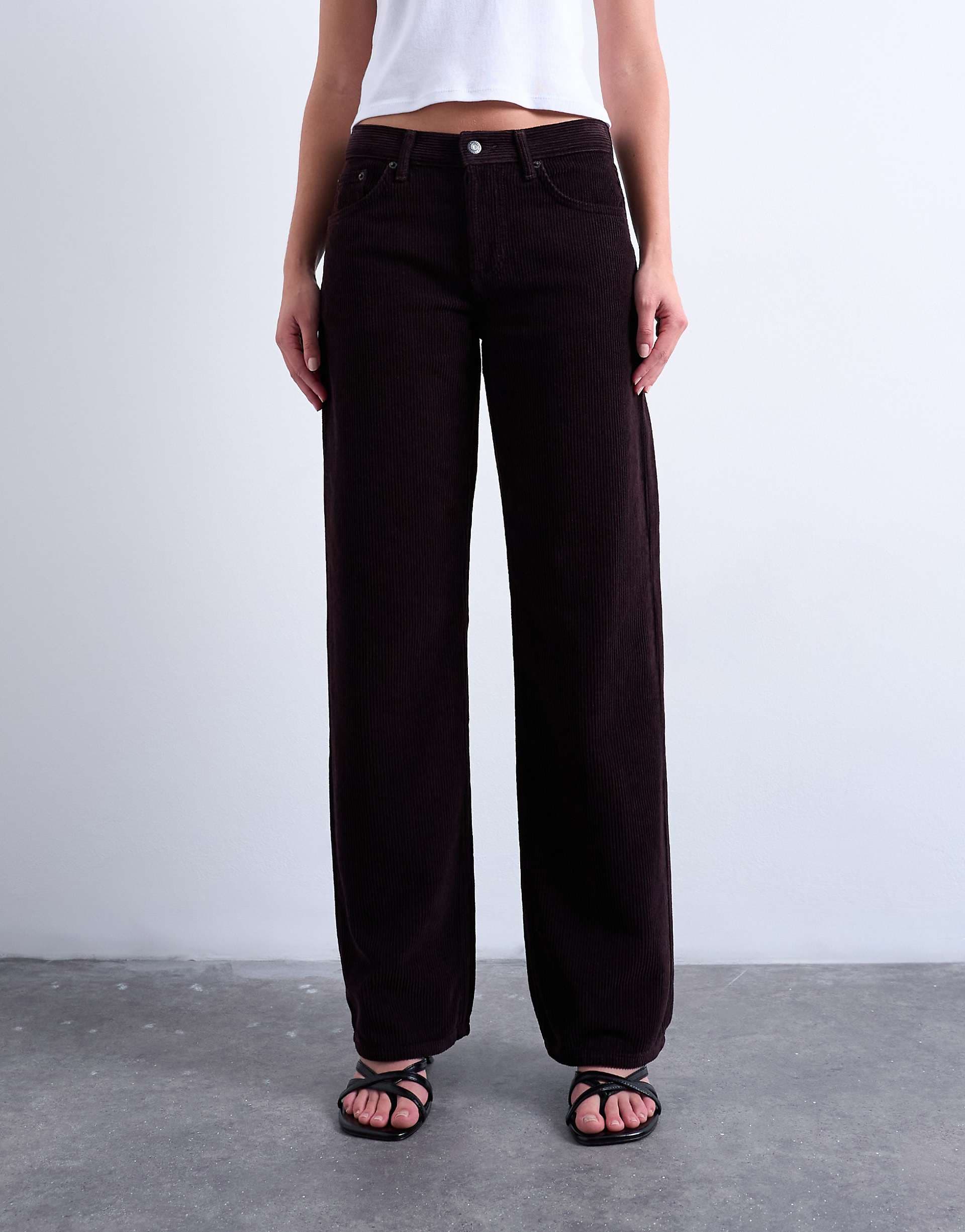 Topshop Ember low rise corduroy straight leg jeans in bitter chocolate