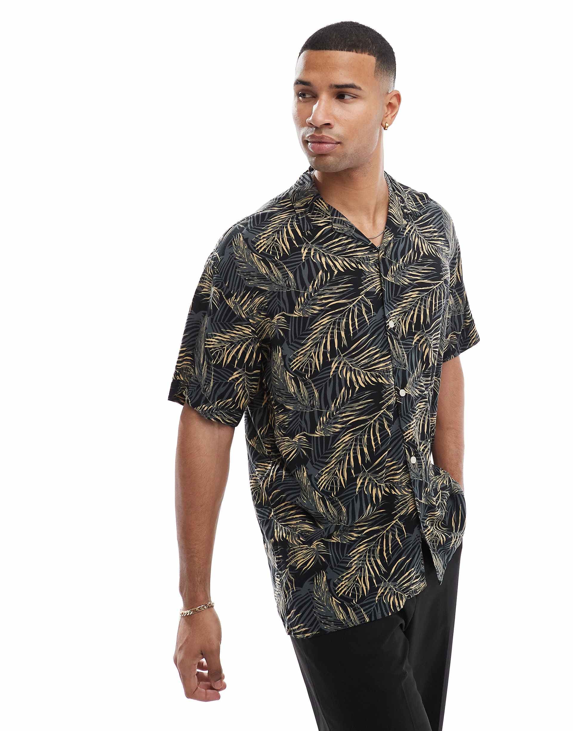 Jack & Jones revere collar tropical print short sleeve shirt in black